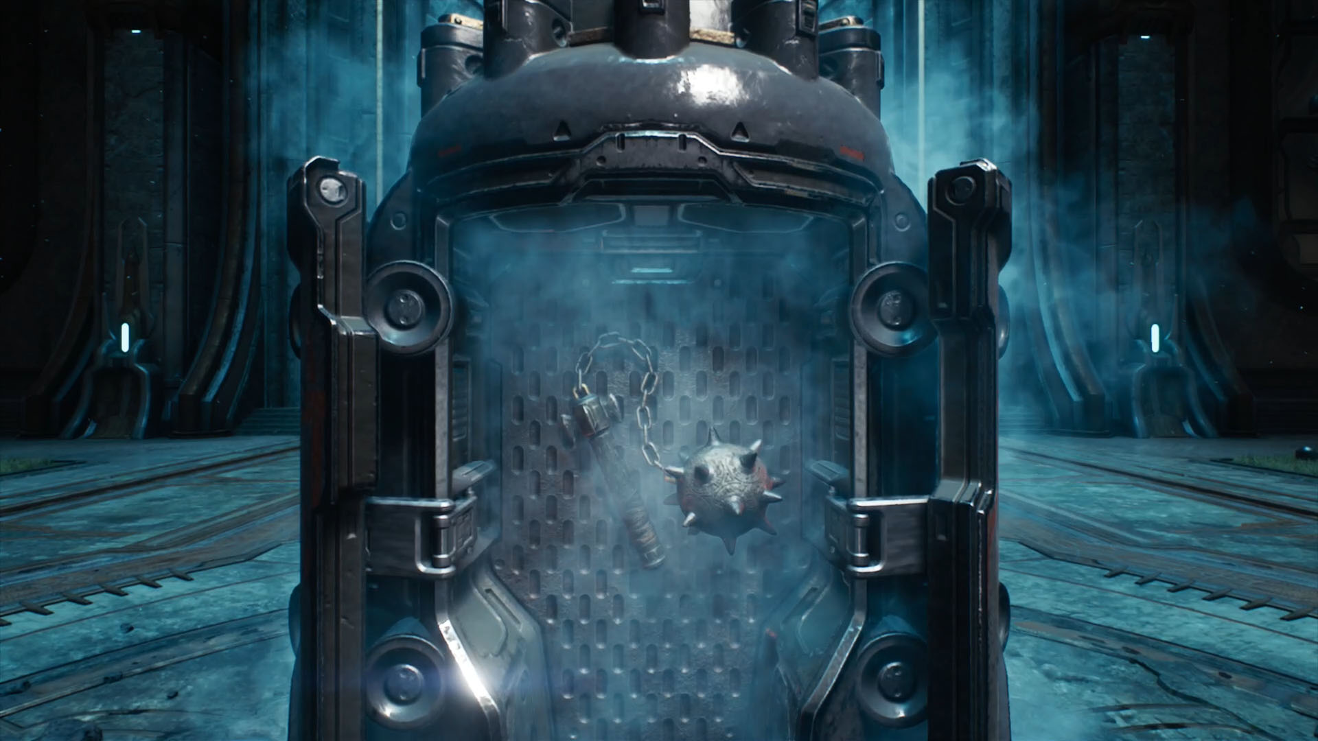 You see a traditional flail, a metal sphere with spikes connected by a chain to a holder. This is one of the melee weapons in Doom: The Dark Ages.