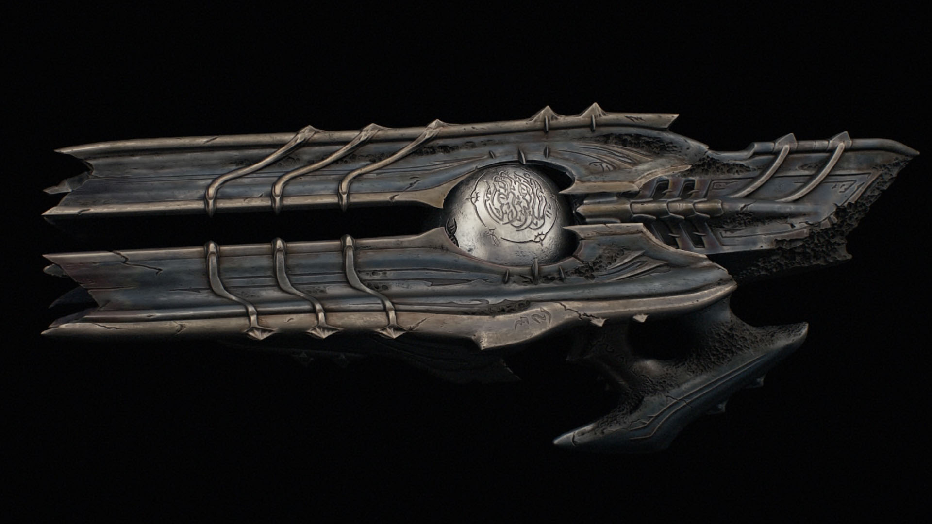 The image shows a Doom: The Dark Ages weapon that resembles a rifle with a really large barrel. In the middle of the weapon, you can see a metal sphere. It has an alien design. A mix between rifle and flail.