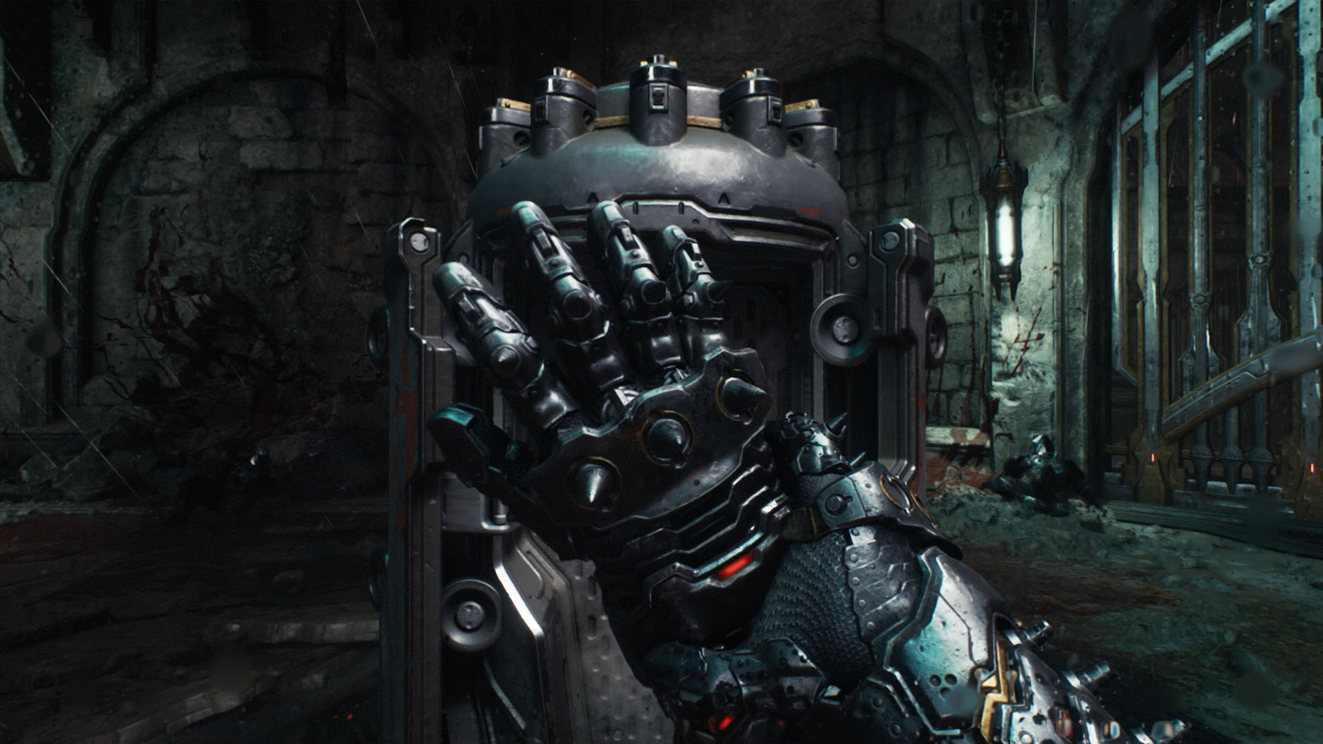 This image shows the Doom Slayer’s hand holding a metal gauntlet. This is one of the melee weapons in Doom: The Dark Ages.