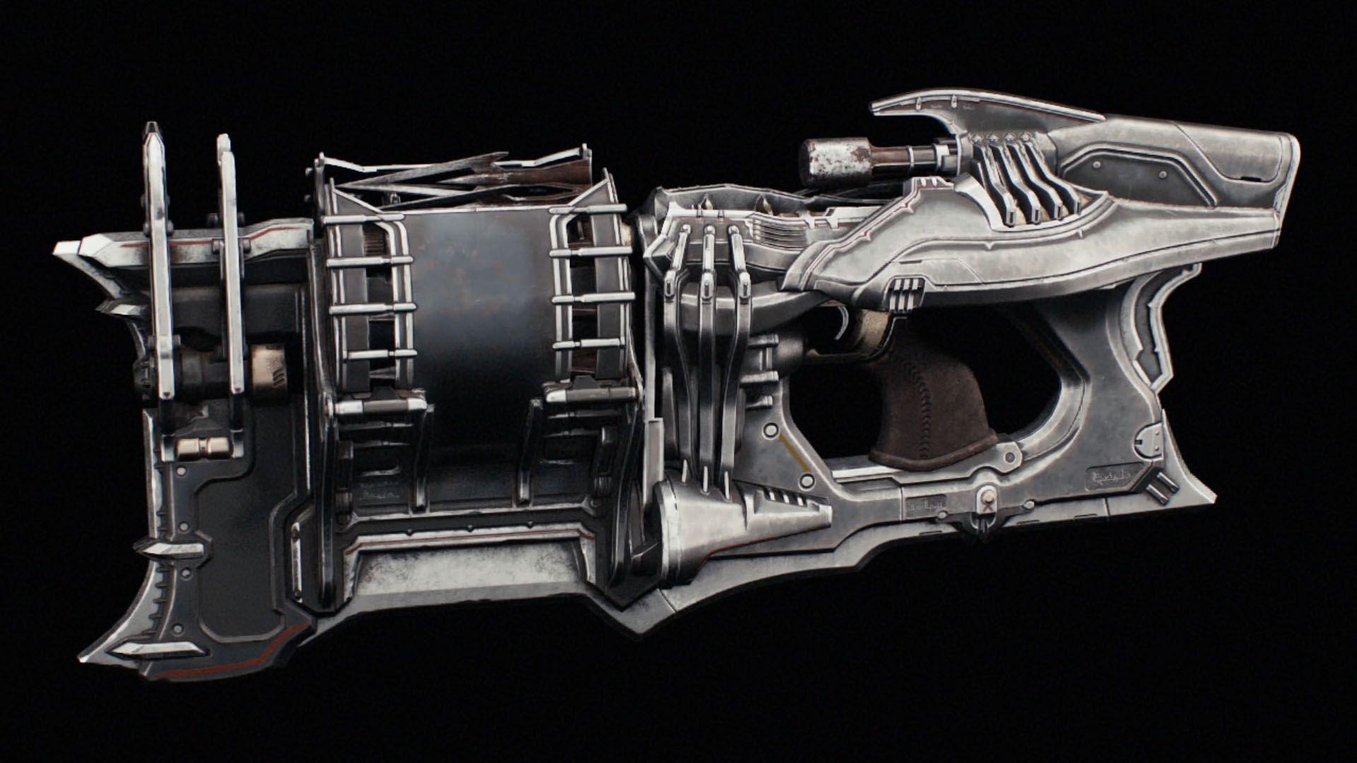 The image shows a weapon from Doom: The Dark Ages that resembles a submachine gun. It has large slot for buttlets in the frontal part.
