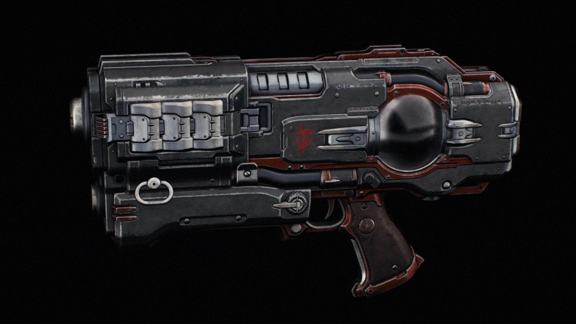 A small pistol with details in red. It shoots plasma projectiles. There is a sphere of glass in the pistol’s body, where the plasma is kept during fights in Doom: The Dark Ages.