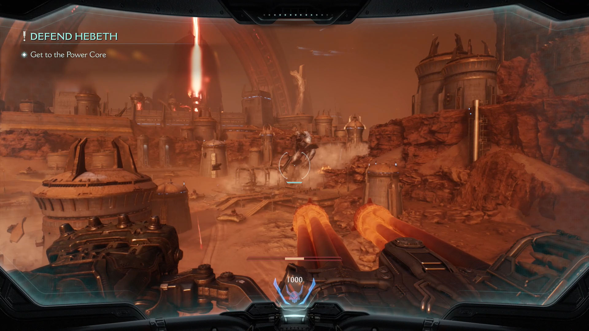 The image shows the perspective of the cockpit of the giant robot called Atlan in Doom: The Dark Ages. You can see a double-barrel machine gun. It is glowing red because the metal is heated.