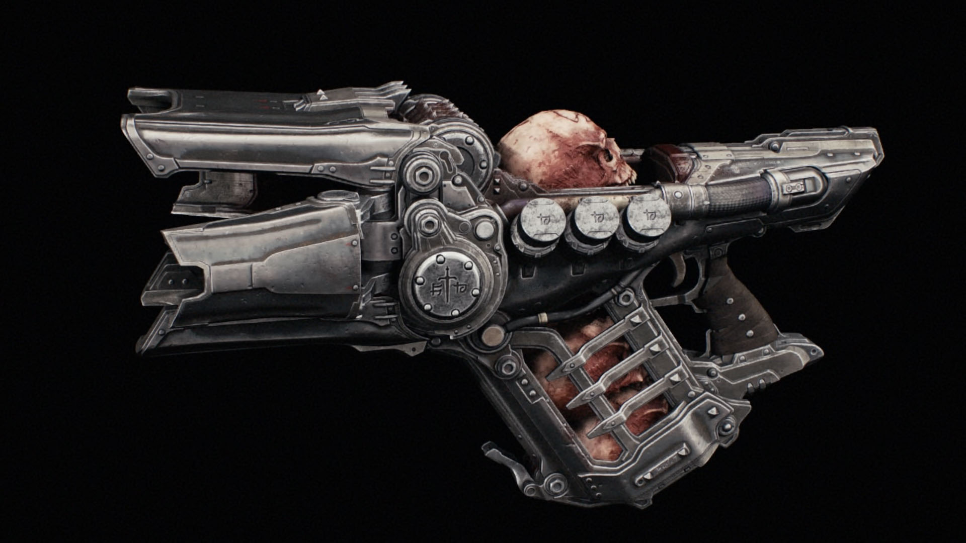 A large gun that resembles a blower. In it, there is a casket where skulls are kept. This weapon crashes the bones and shoots the shards instead of using regular ammo. A grim gun in Doom: The Dark Ages.