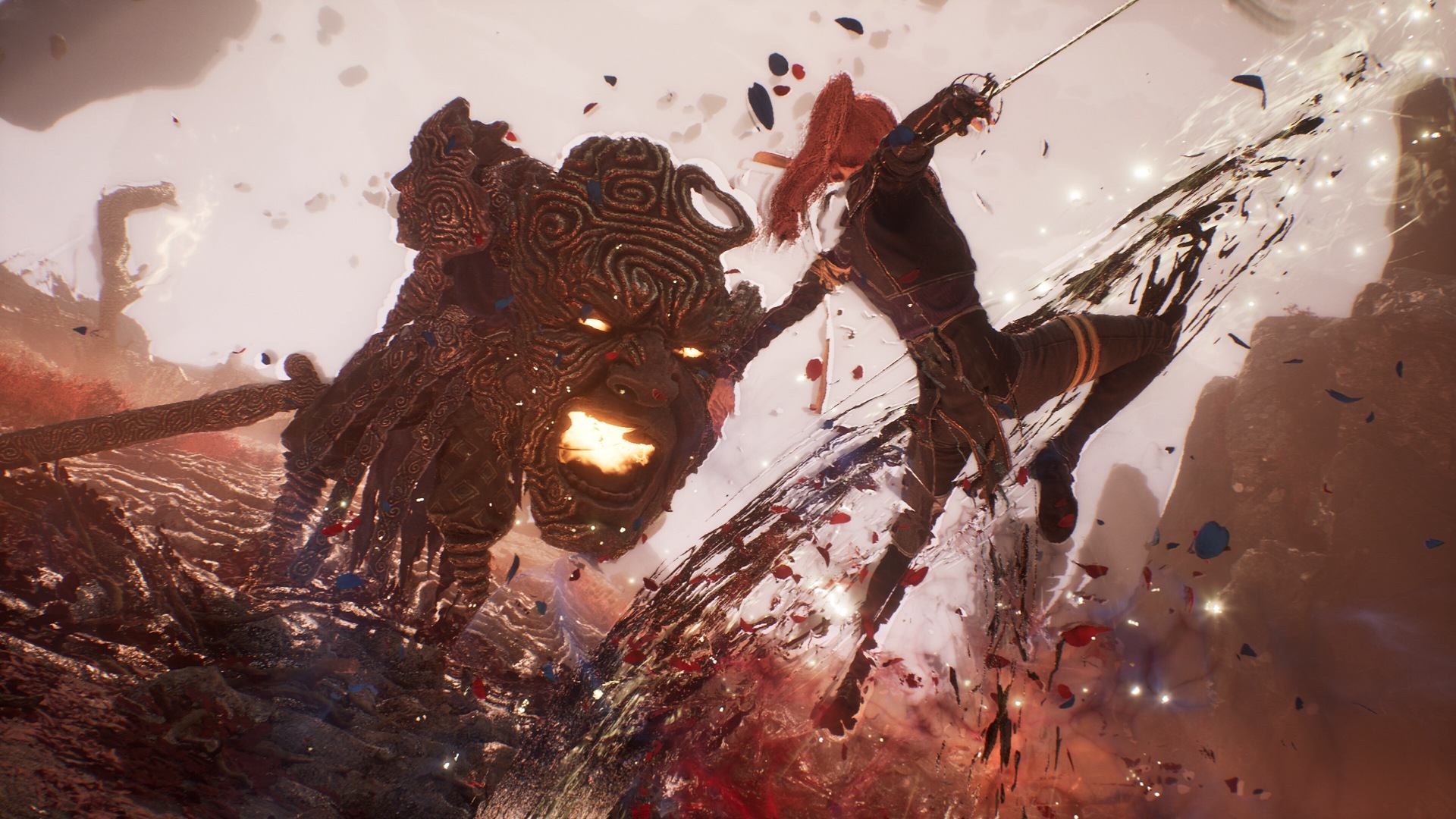 A redheaded warrior fights a stone monster in Clair Obscur: Expedition 33
