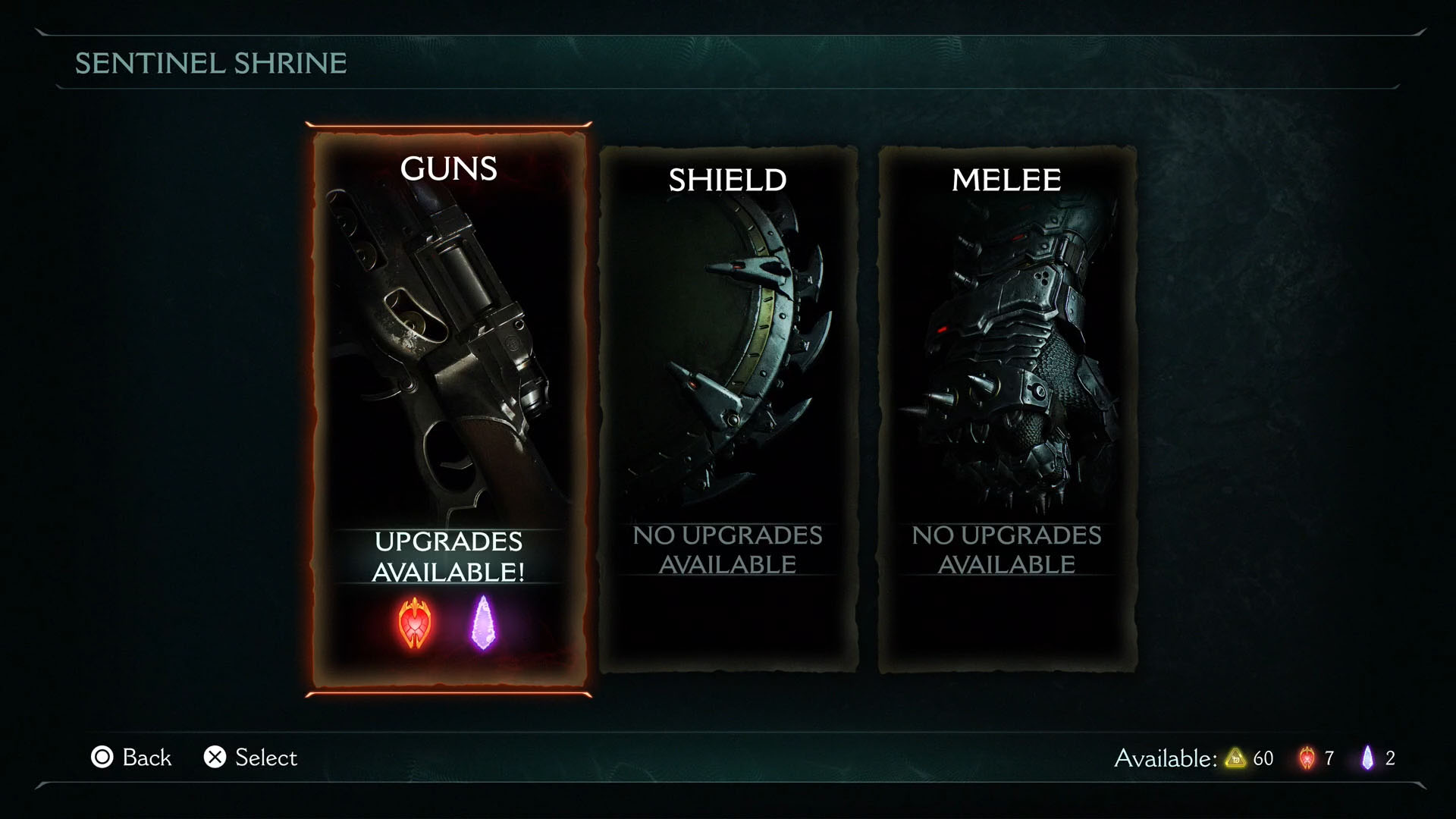 A Doom: The Dark Ages screenshot showing the upgrading menu you access by interacting with a Sentinel Shrine. There are three sub menus to pick. One for Guns, one for the Shield, and the last one for Melee weapons.