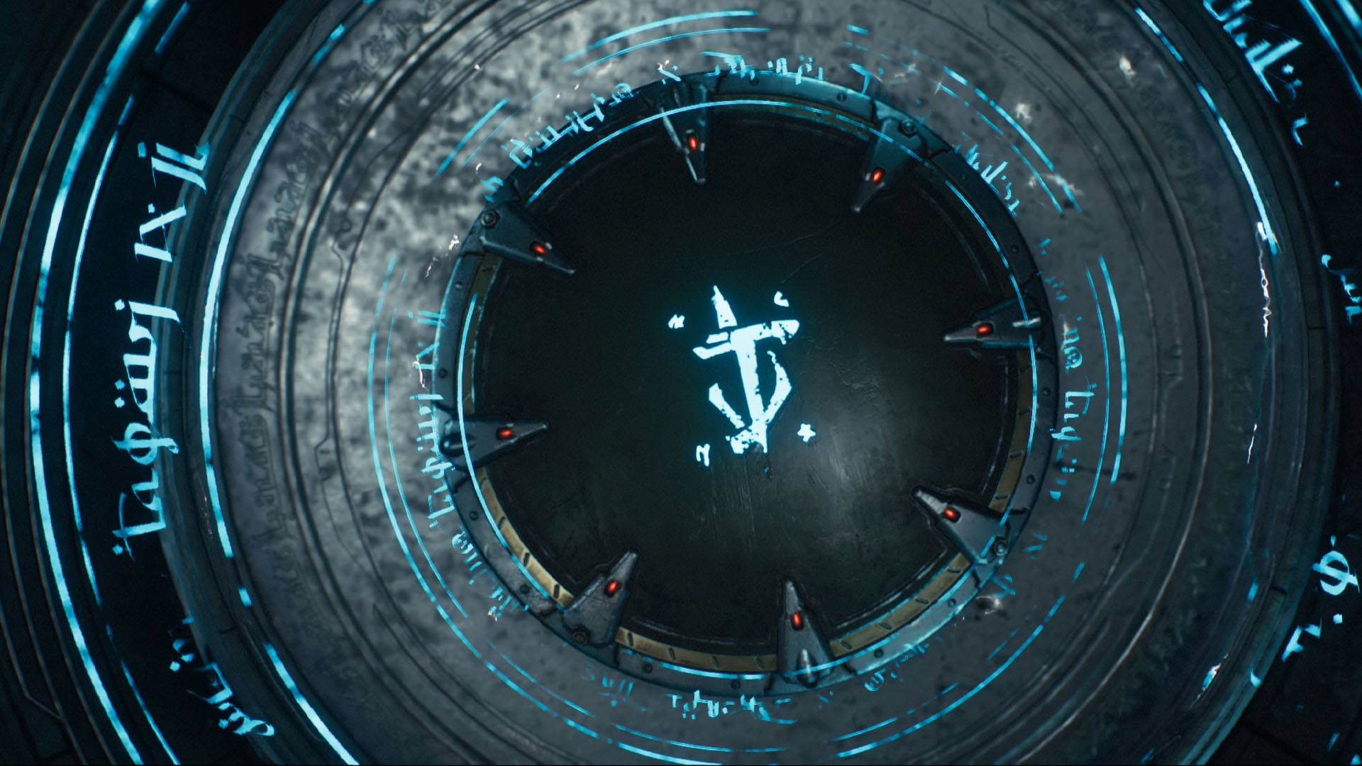 A Doom: The Dark Ages screenshot showing a shield surrounded by a blue magical circle and some runes glowing on it.