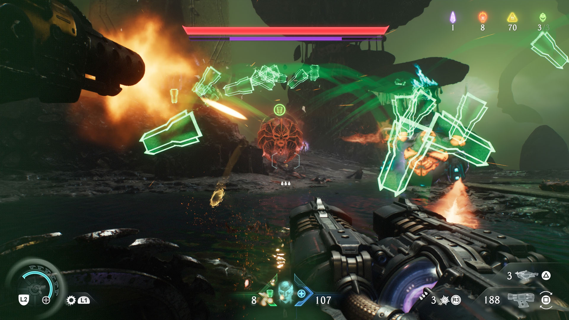 A Doom: The Dark Ages screenshot showing a fight against a demon with lots of green Shield-shaped orbs flaoting toward the screen. 