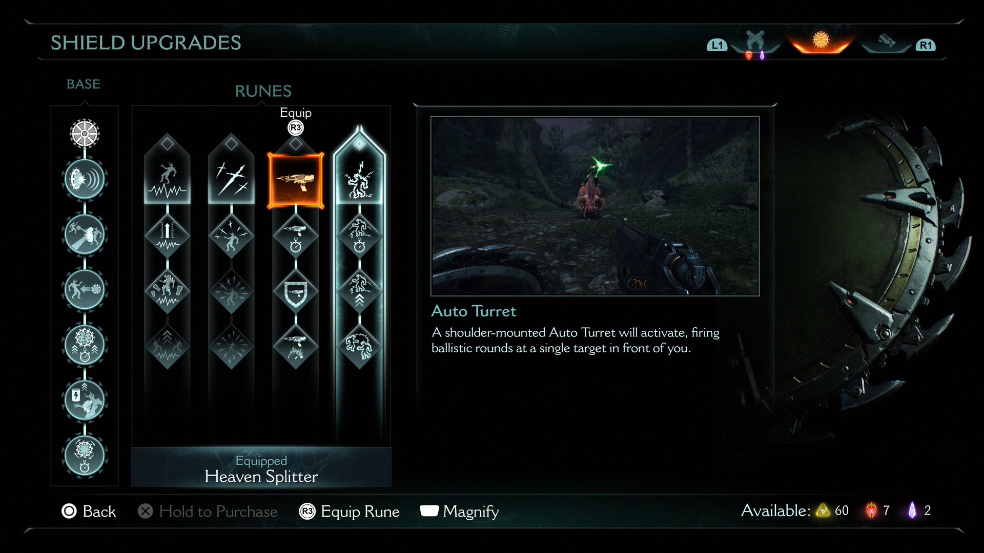 A Doom: The Dark Ages screenshot showing the shield upgrades meny. There are four skill trees, one for each Shield Rune, in addition to the skill tree that unlocks general shield skills.