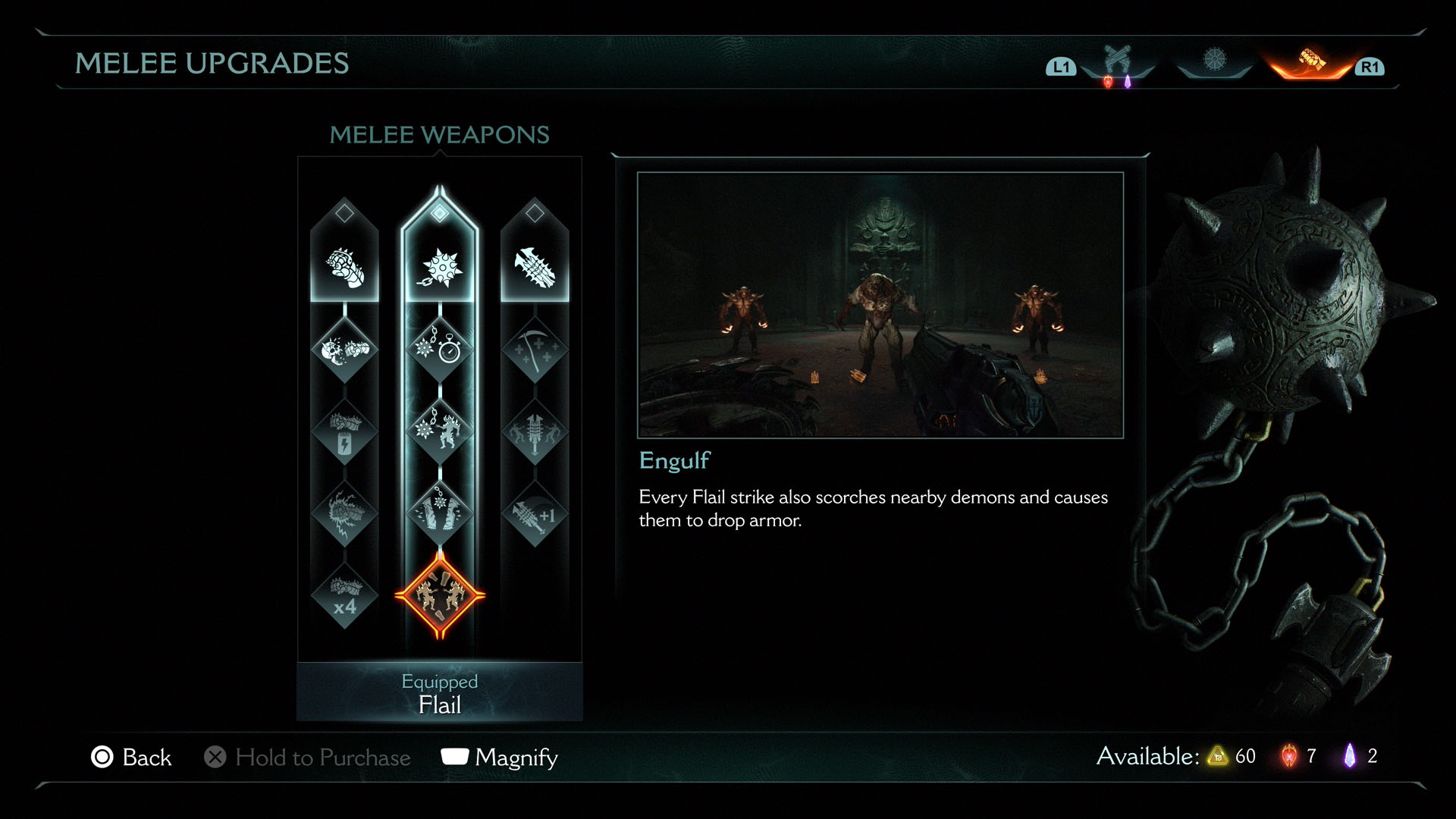 A Doom: The Dark Ages screenshot showing the melee upgrades menu. There are three skill trees, one for each melee weapon in the game and a screen showing the effect of each skill.