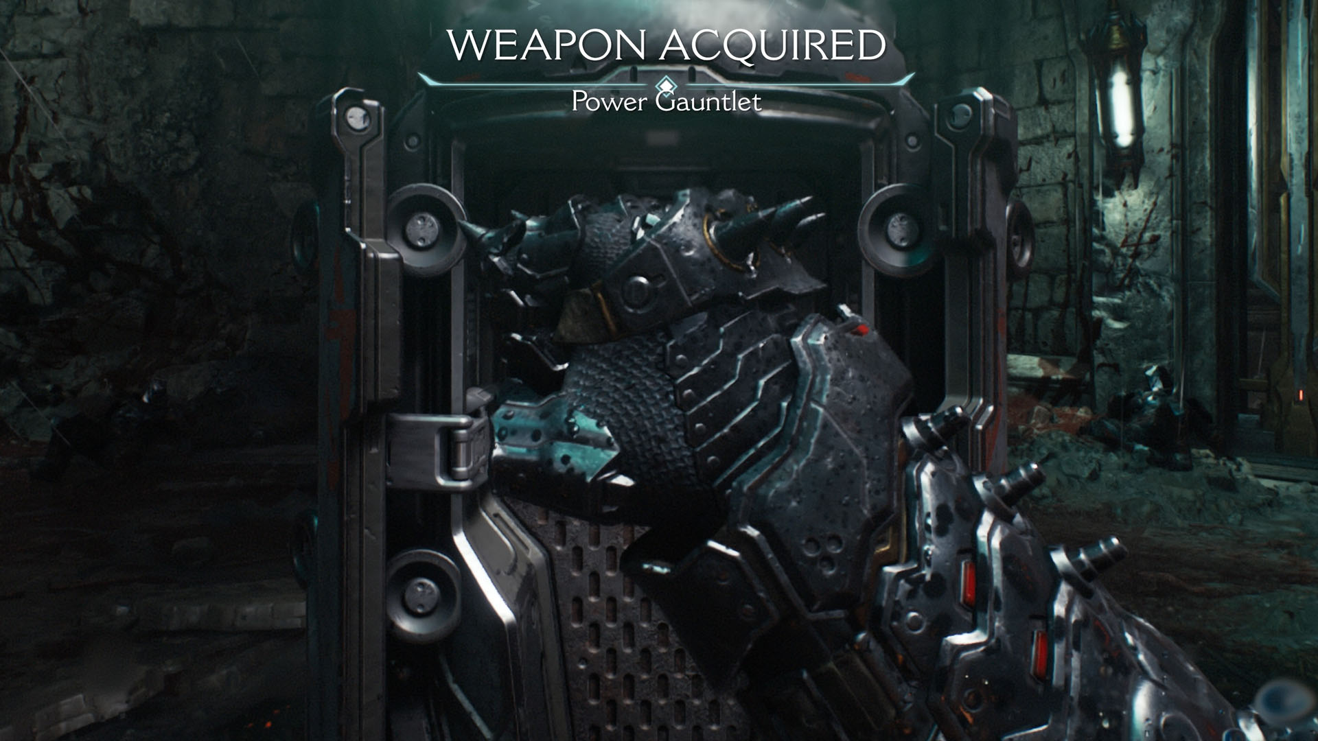 A Doom: The Dark Ages screenshot showing the Power Gaunlet, a metal gauntlet with spikes.