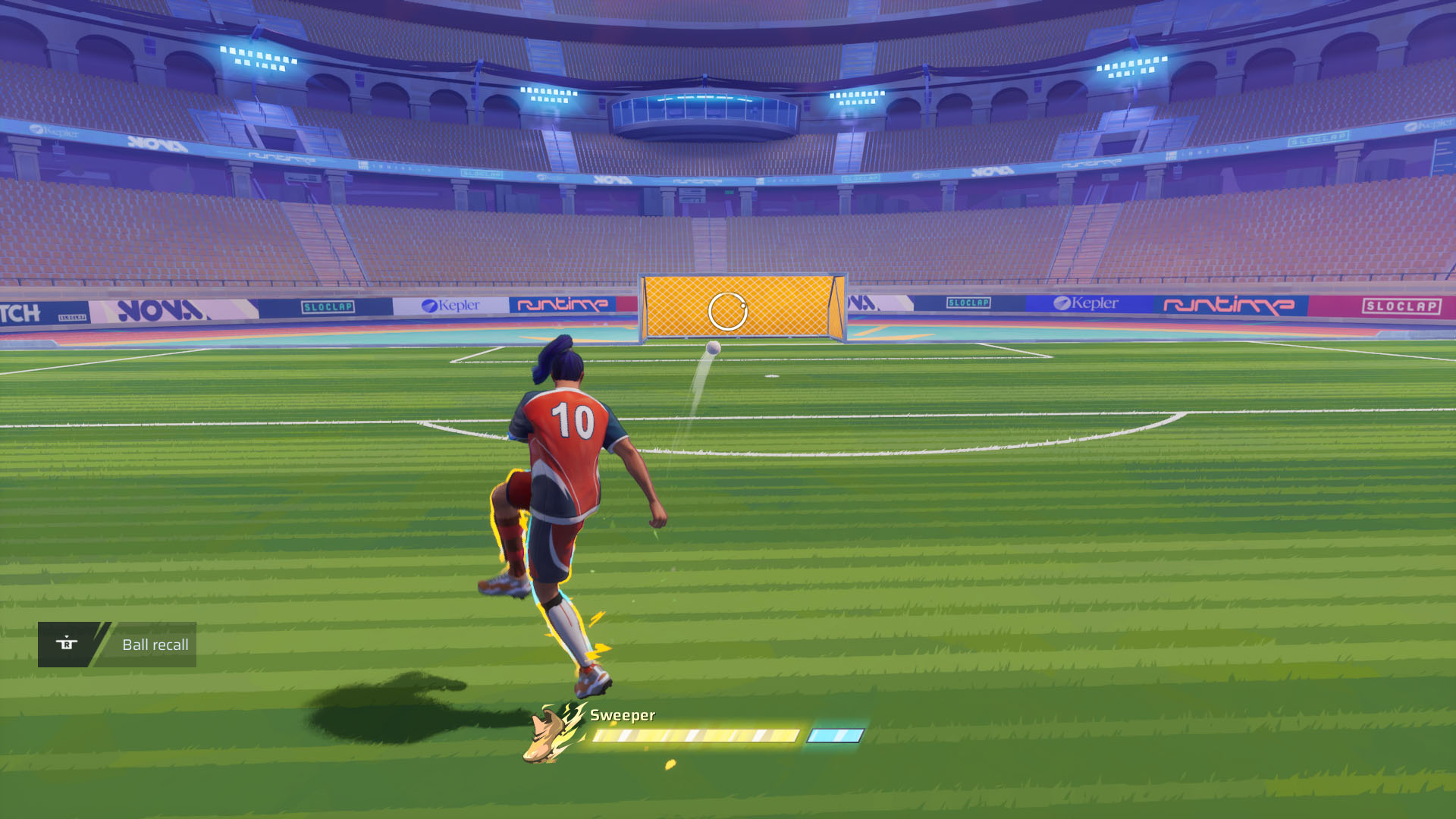 A Rematch screenshot showing a character shooting a curved ball.