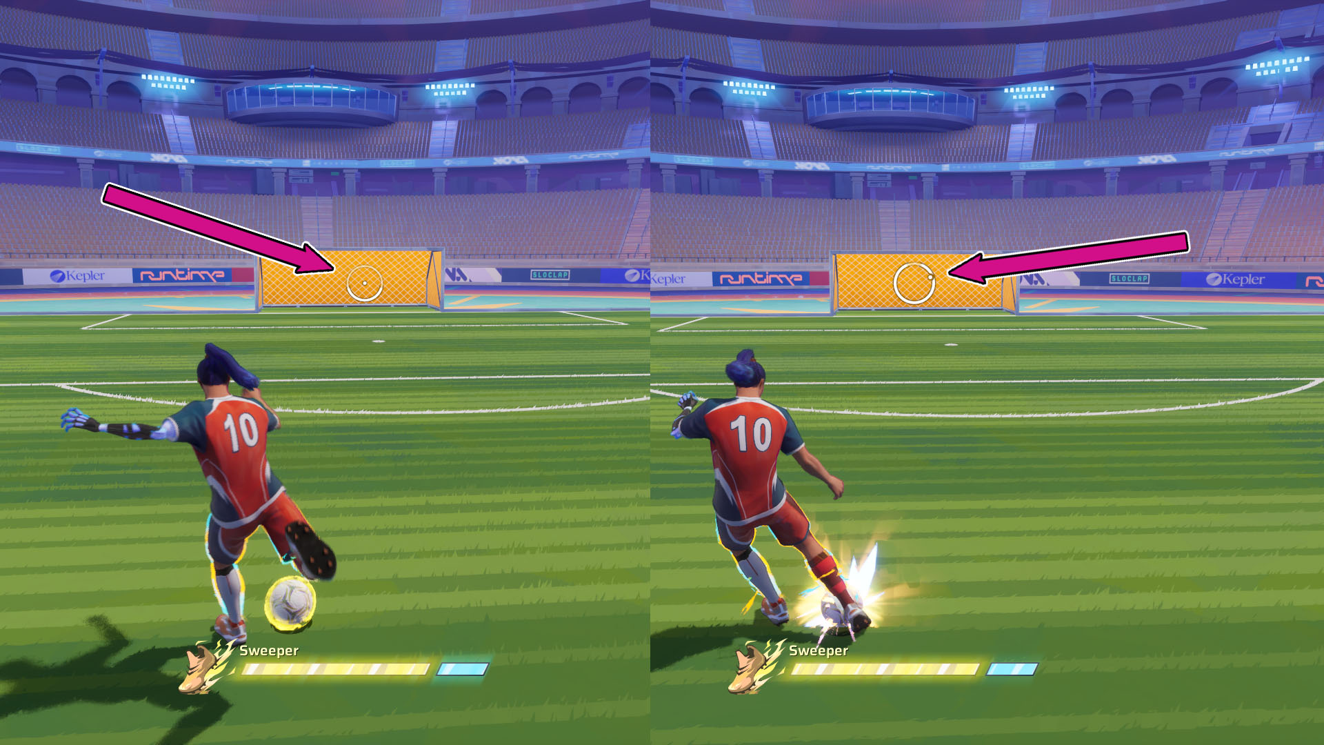 A montage using two Rematch screenshots to explain how to read the interface of the game and know how strong a shoot is and the angle the ball is going to follow.