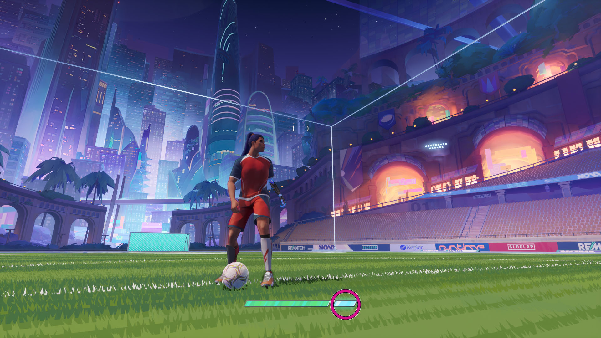 A Rematch screenshot showing a character and a pink circle indicating the Extra Effor bar, which is beside the stamina bar.