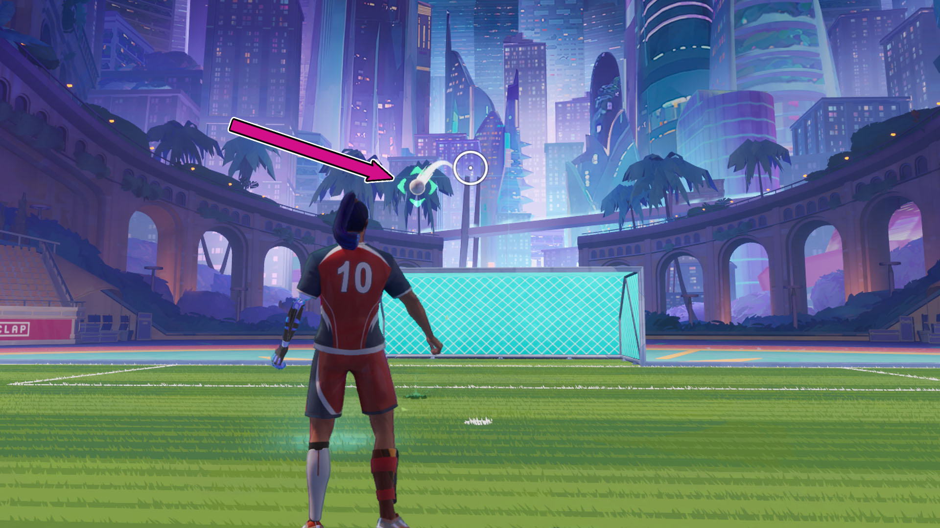 A Rematch screenshot showing the blue light brackets that appear around the ball indicating you can hit it in the air.