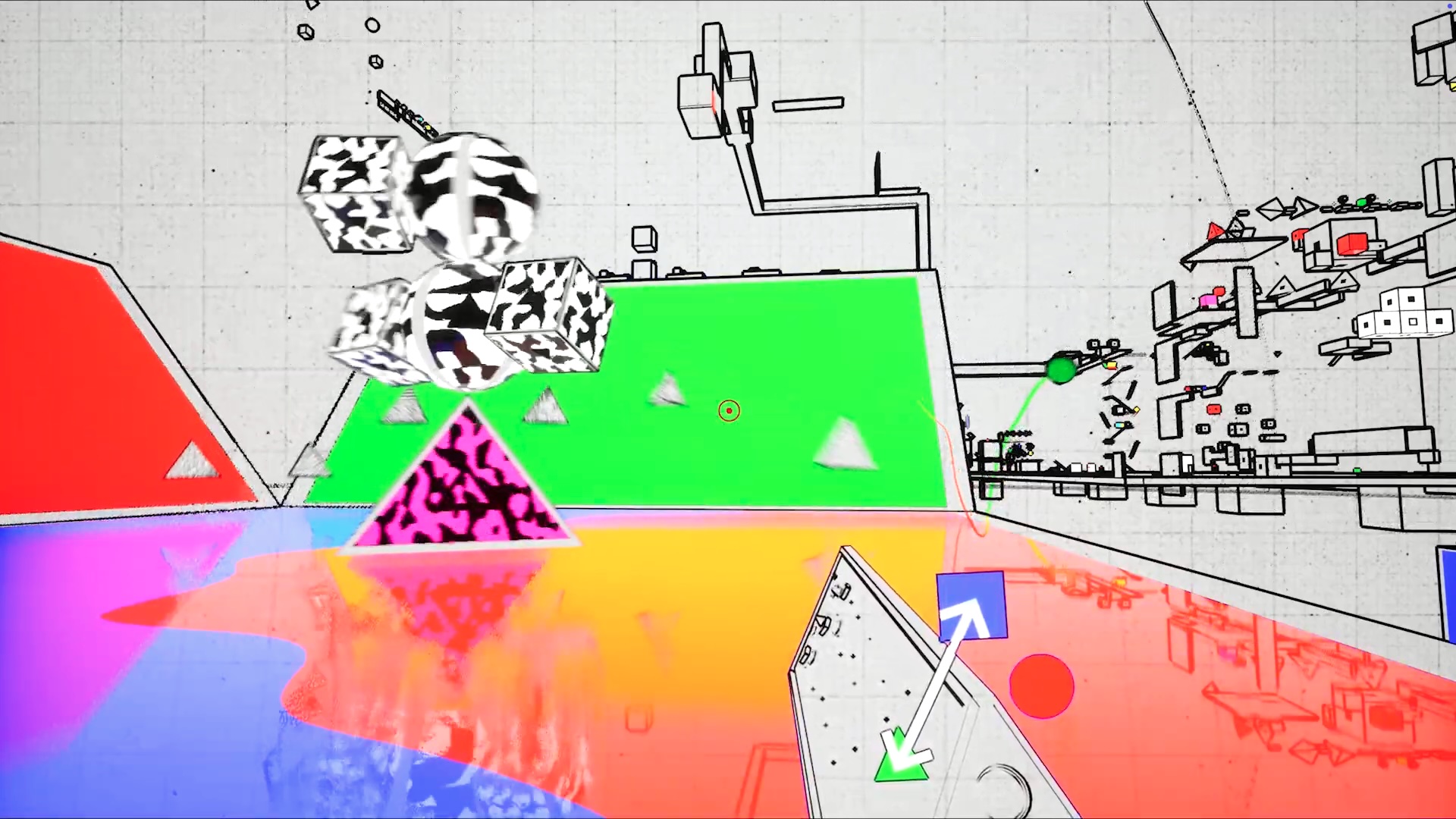 A black and white graphic line gun navigates a loopy geometrical environment in Art Is Rifle