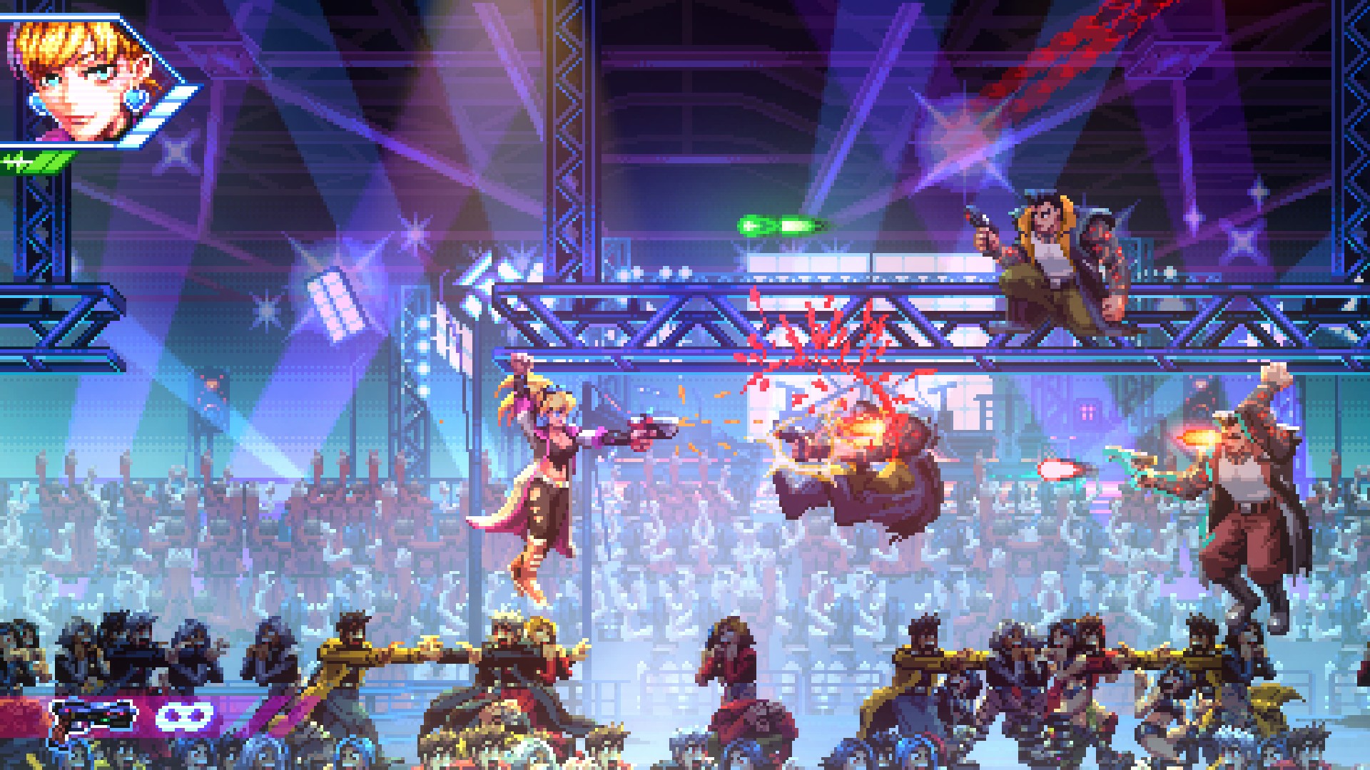 A blonde-haired assassin fires her gun into a goon while hanging from the scaffolding at a concert venue in Neon Inferno