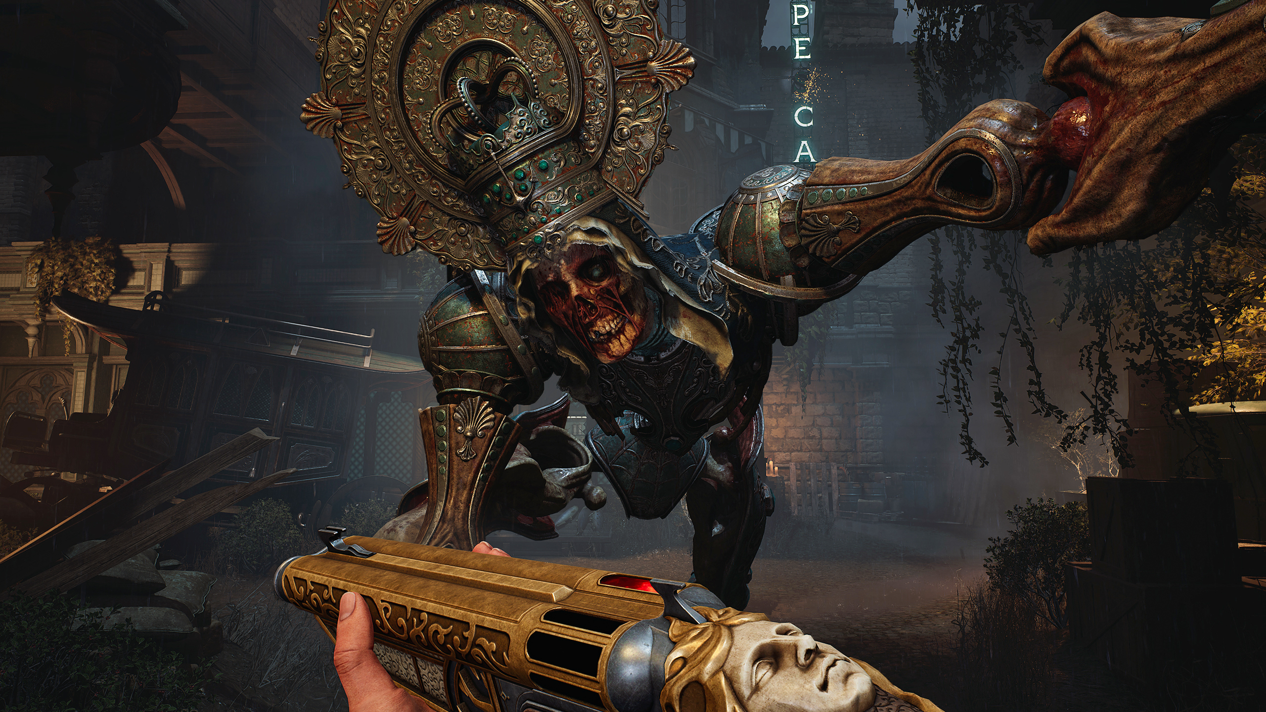 An undead king in ornate crown attacks the first-person shooter character as they reload their blood gun in Crisol
