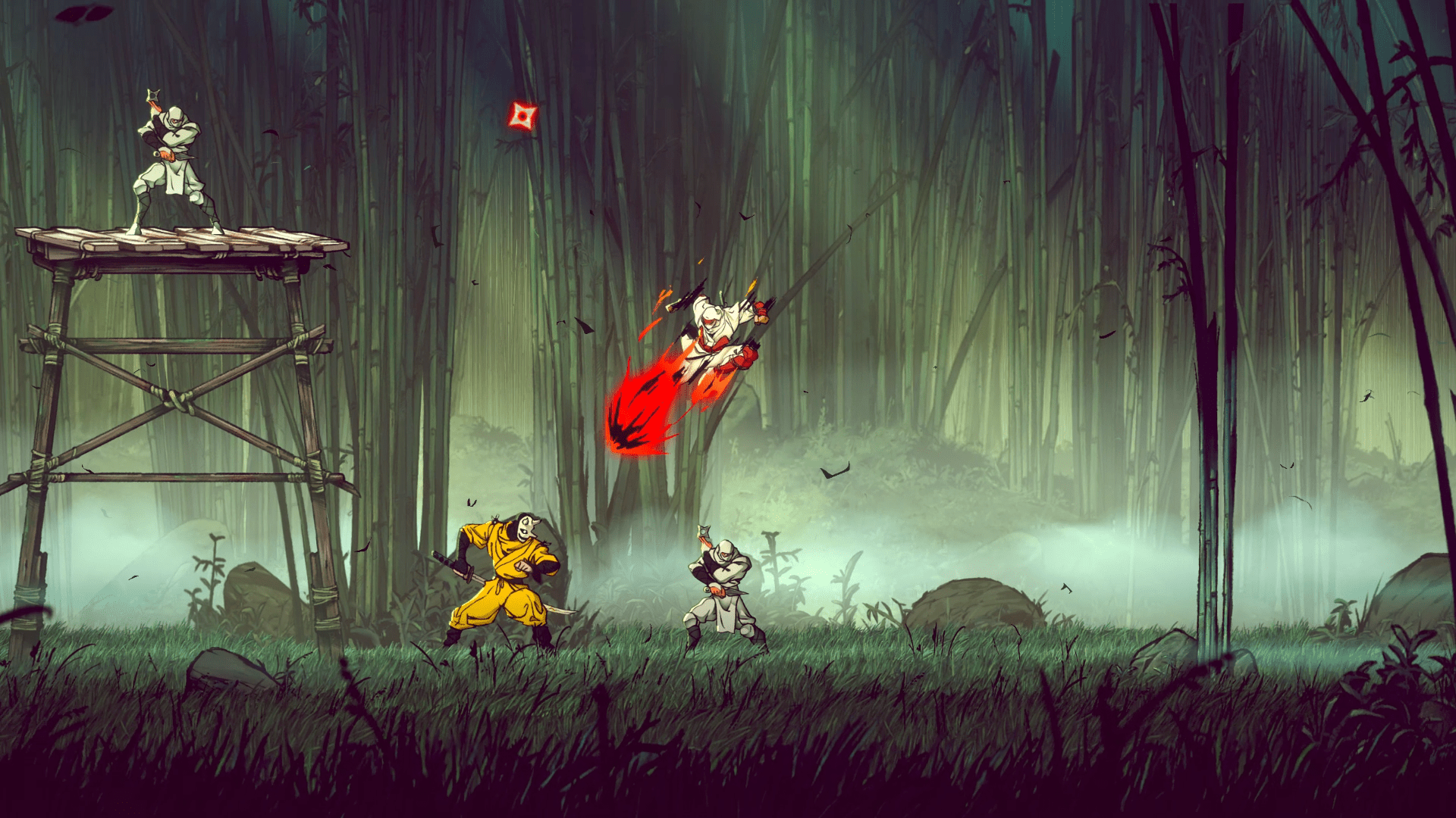 Joe Musashi thunder kicks at a swordsman in a yellow uniform in Shinobi: Art of Vengeance