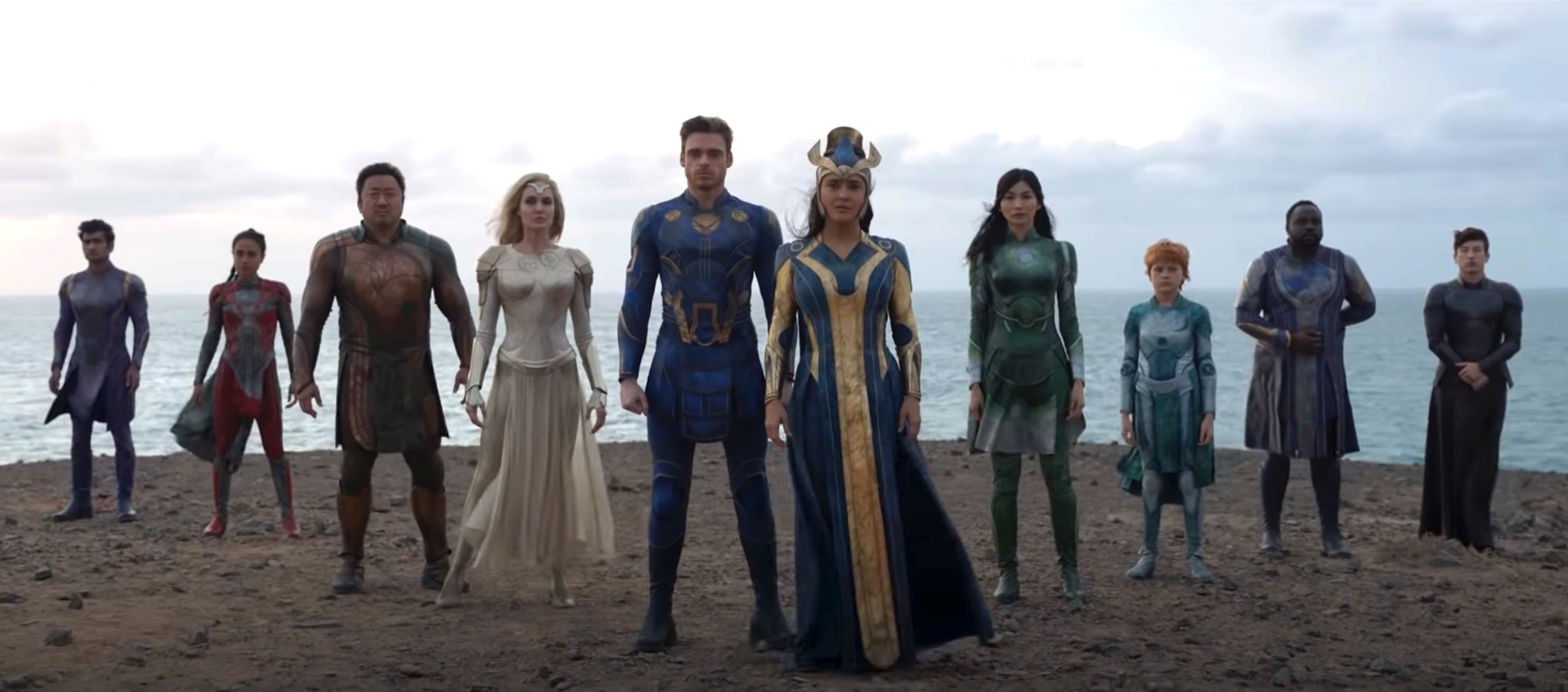 Salma Hayek, Angelina Jolie, Richard Madden, Gemma Chan, Ma Dong-seok, Brian Tyree Henry, Kumail Nanjiani, Lauren Ridloff, Barry Keoghan, and Lia McHugh in Eternals (2021)