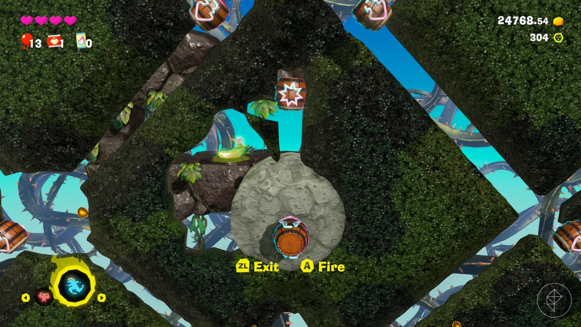 A barrel in a 2D level of Donkey Kong Bananza aims at a stone wall outwards.
