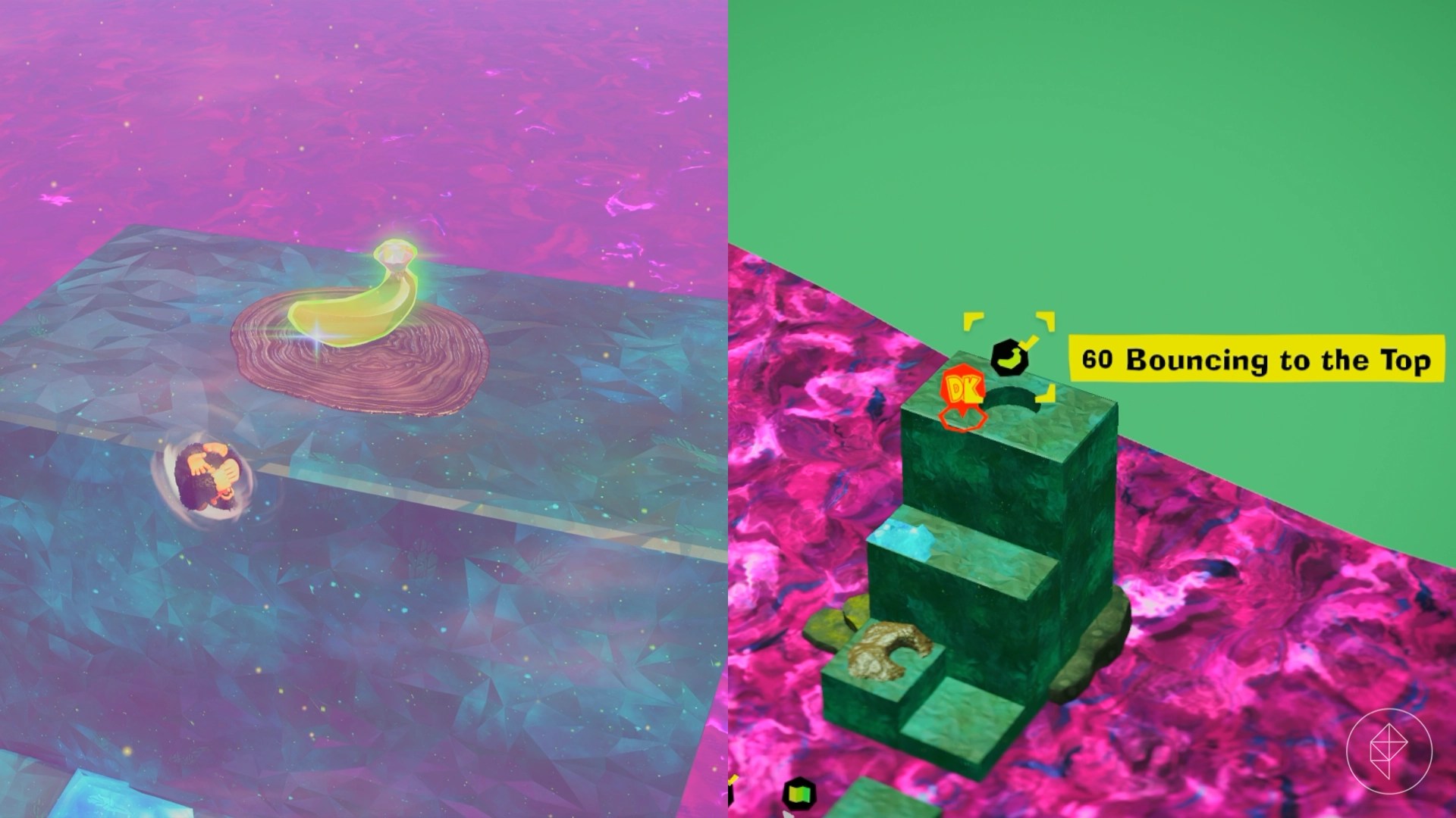 Donkey Kong flipping through the air near a golden banana at the top of a stair-like structure in Donkey Kong Bananza.