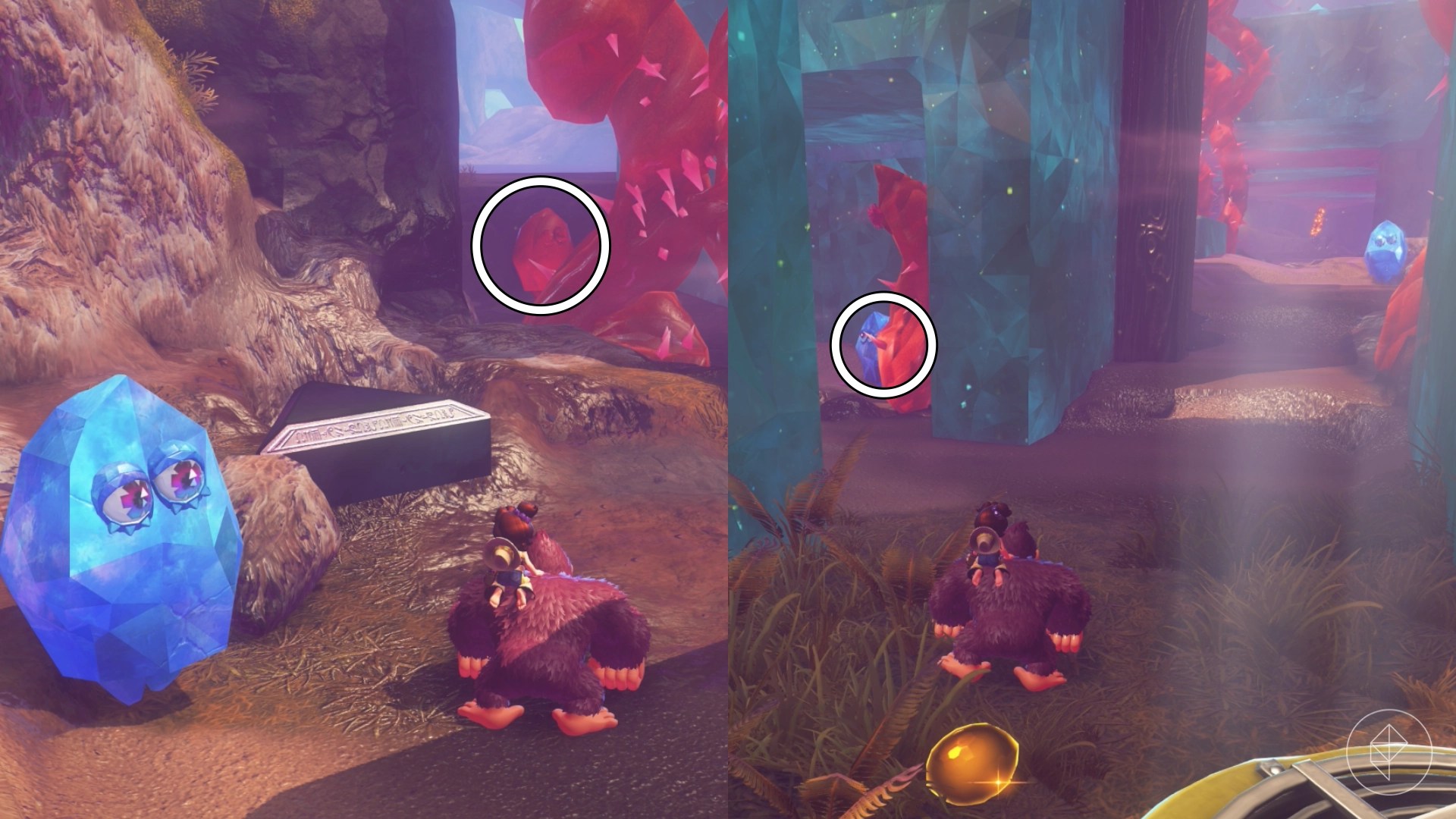 Donkey Kong standing beside a crystal along with circled hidden crystals in the background in Donkey Kong Bananza.
