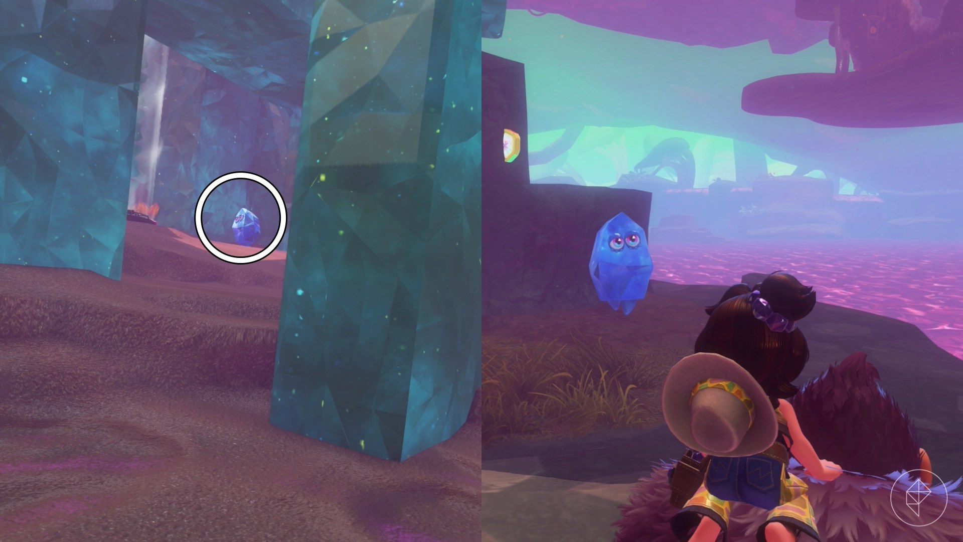 Circles indicating the location of hiding crystals in the Forest Layer of Donkey Kong Bananza.
