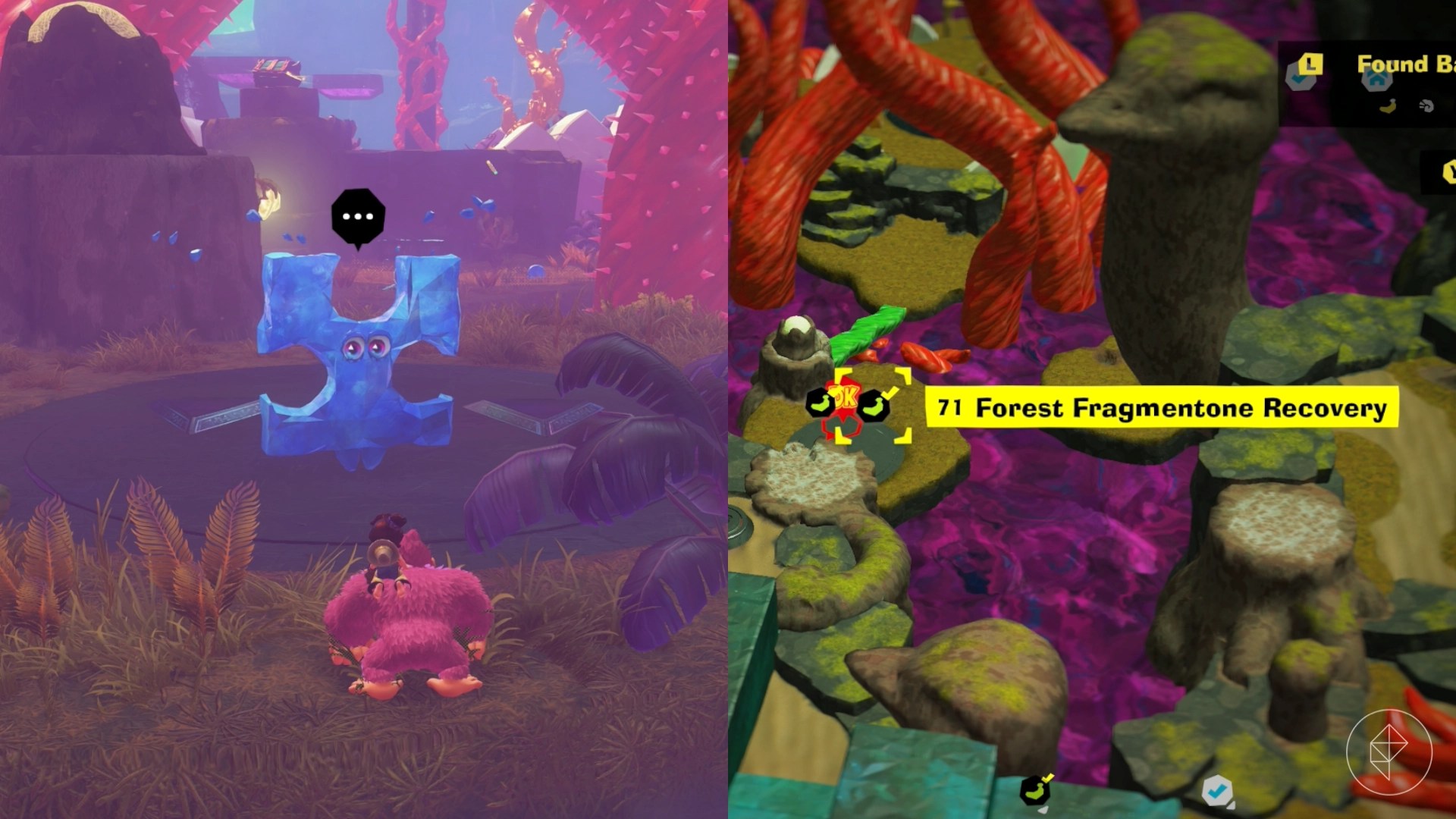 Donkey Kong standing in front of a crystal puzzle piece in the forest layer of Donkey Kong Bananza.