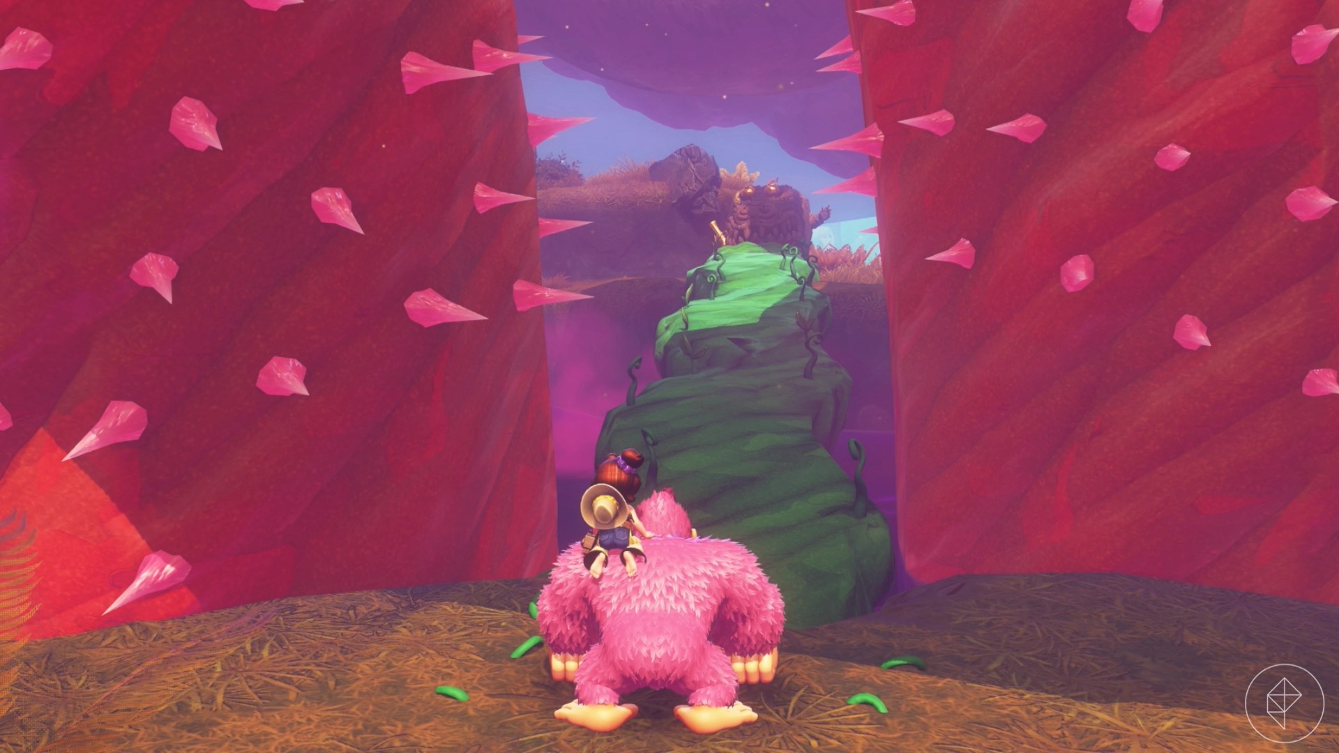 Donkey Kong standing in front of a vine bridge sat in between two large pink thorny vines in Donkey Kong Bananza.