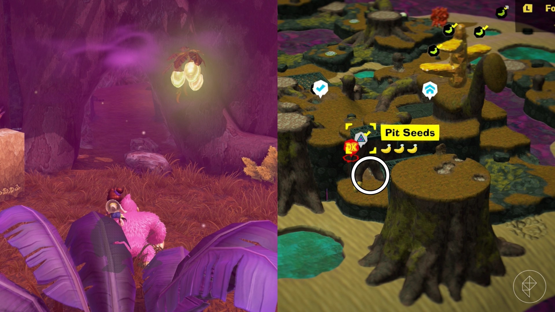 Donkey Kong standing in front of a a wooden entrance in the Forest Layer of Donkey Kong Bananza.