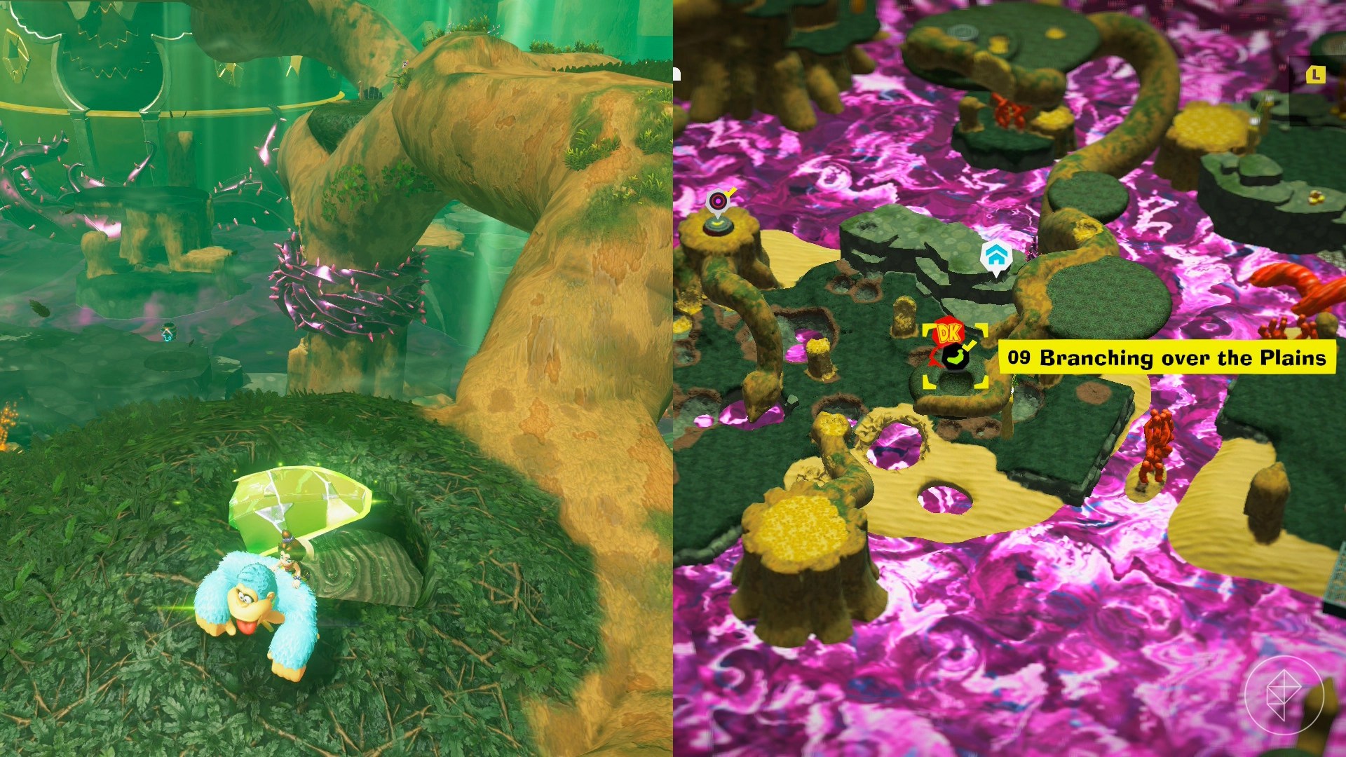 Donkey Kong standing beside a golden banana under a pile of leaves in Donkey Kong Bananza.