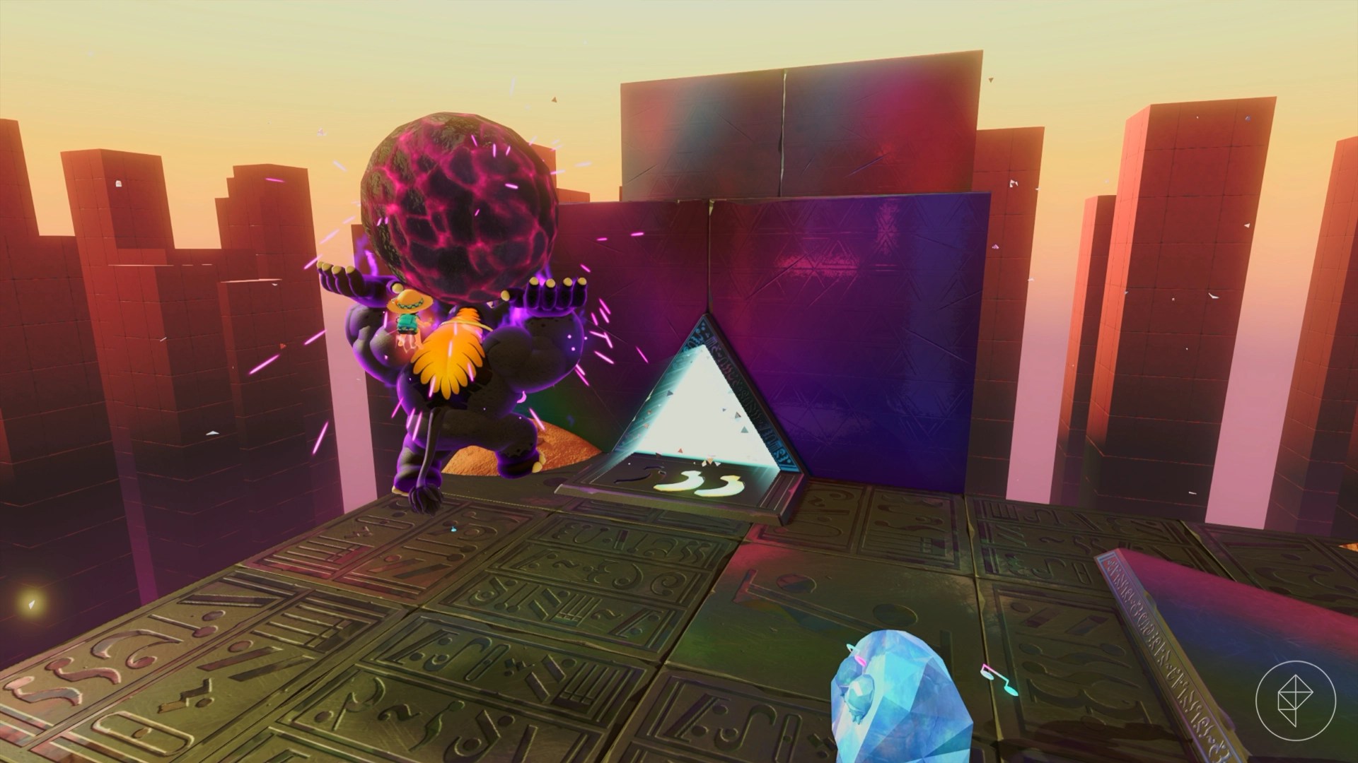 Donkey Kong in his elephant form jumping towards a glowing triangle with a molten rock above his head.