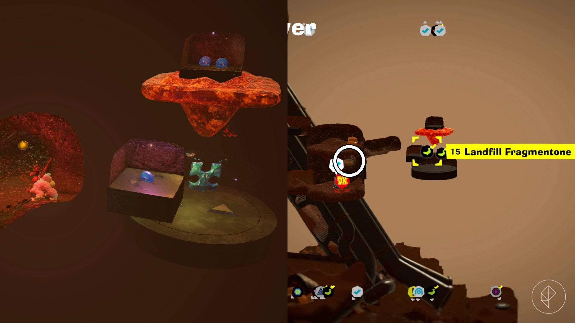Donkey Kong spotting a crystal puzzle piece along with three of its fragments hidden in the Landfill Layer of Donkey Kong Bananza.