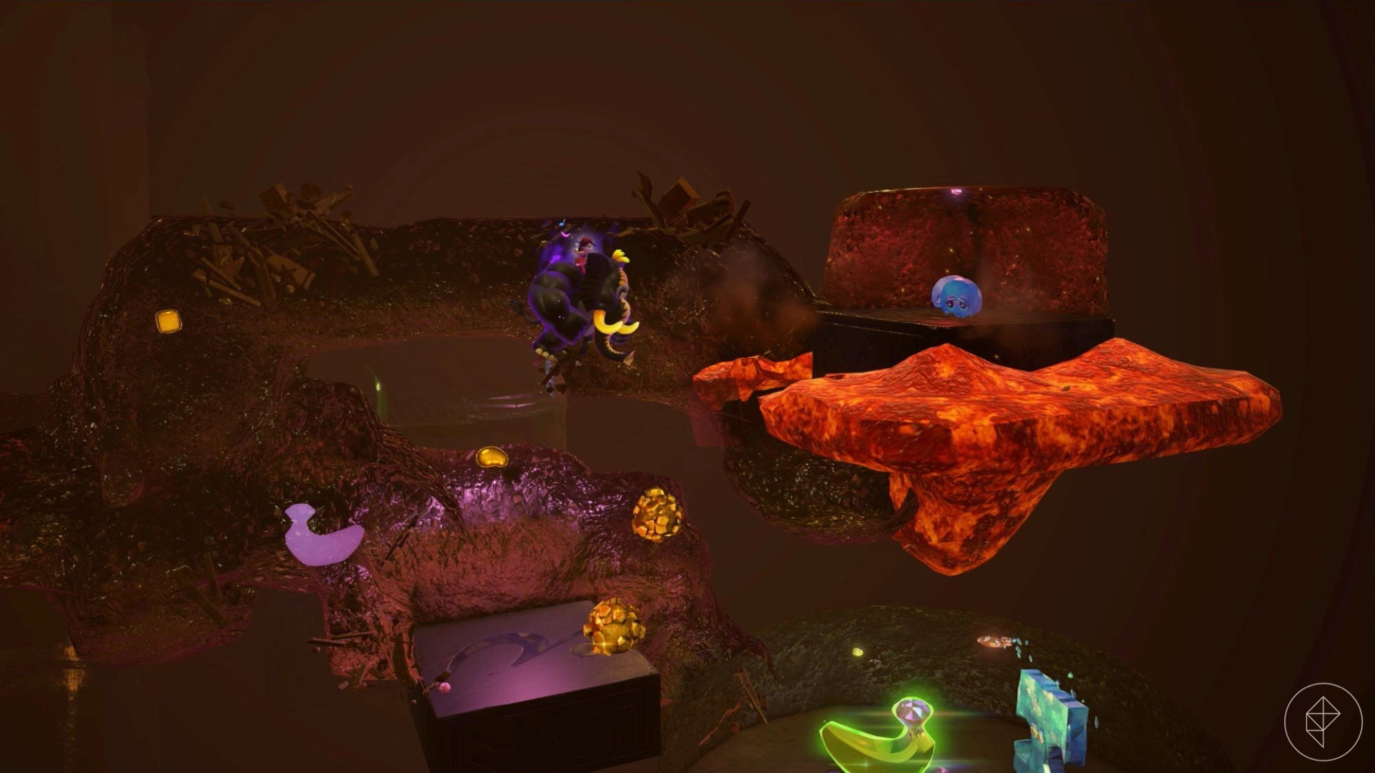 Donkey Kong in his elephant form heading towards a small circular crystal above a pool of lava in Donkey Kong Bananza.