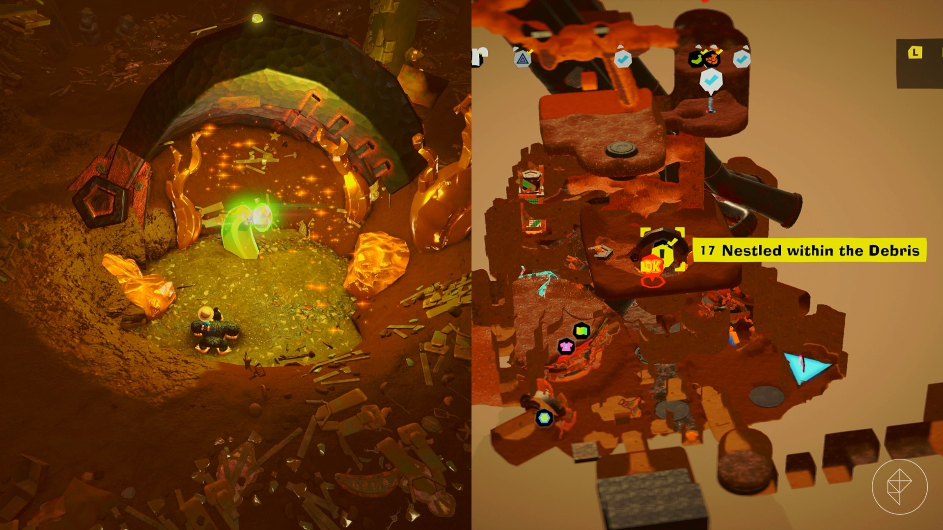 Donkey Kong standing in front of a half-buried banana in a pile of dirt in Donkey Kong Bananza.
