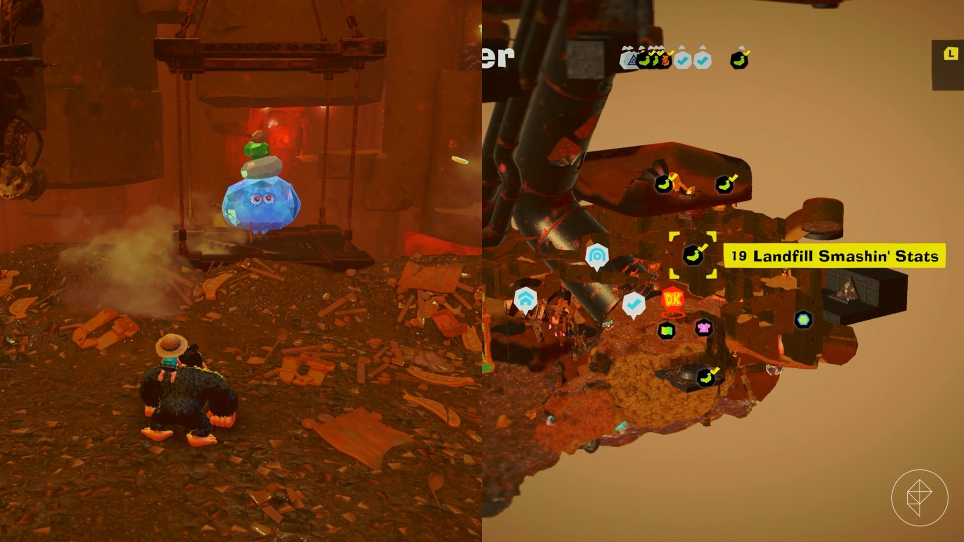 Donkey Kong standing in front of a crystal with eyes that has more crystals stacked on top of its head in Donkey Kong Bananza.