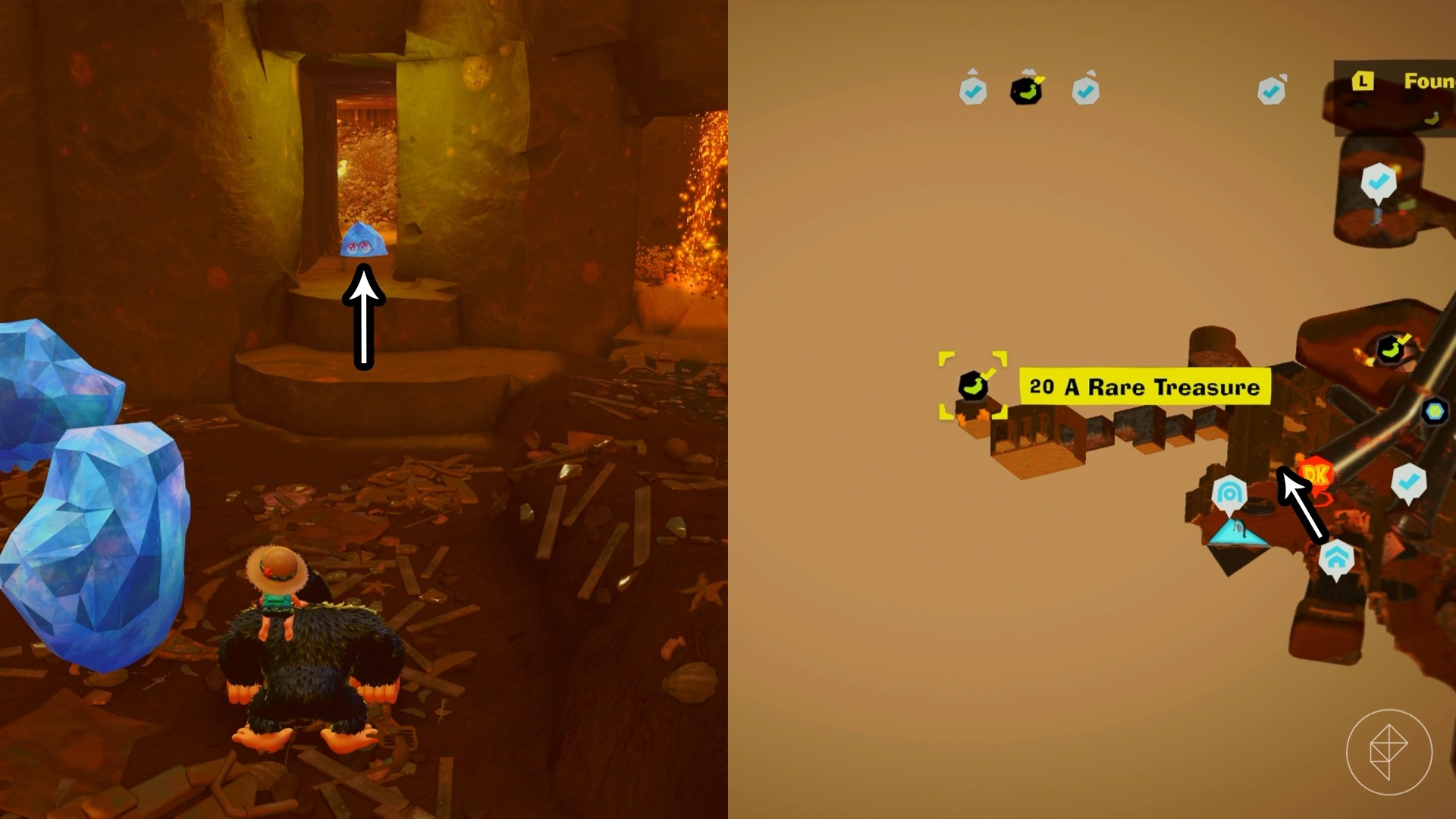 Donkey Kong standing in front of a hole in the wall that has a hiding crystal with eyes.