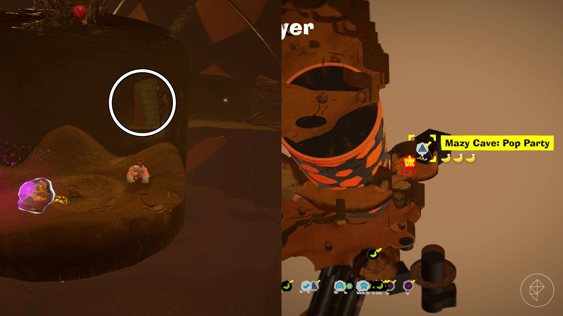Donkey Kong standing before a circled sign that is hiding a pathway behind it.