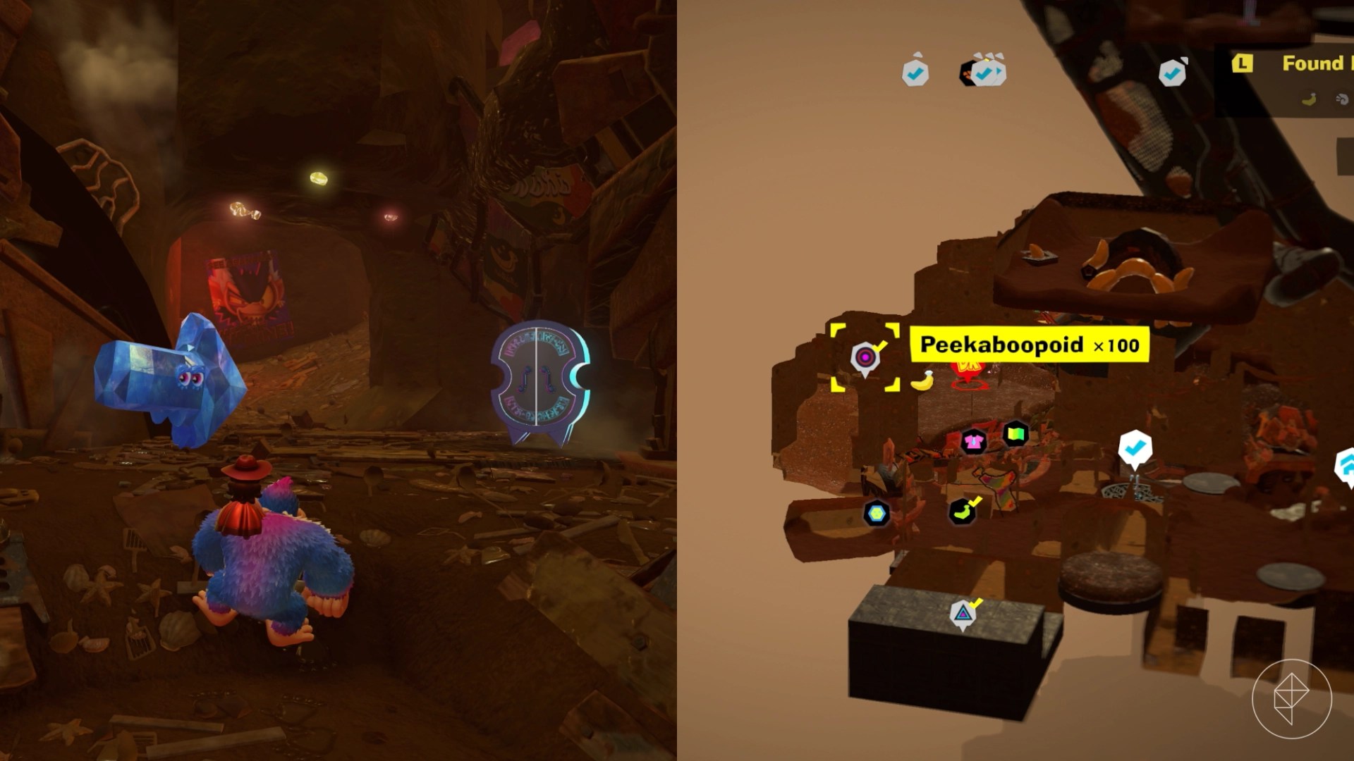 Donkey Kong standing in front of a crystal arrow that is pointing towards a battle challenge in the Landfill Layer of Donkey Kong Bananza.