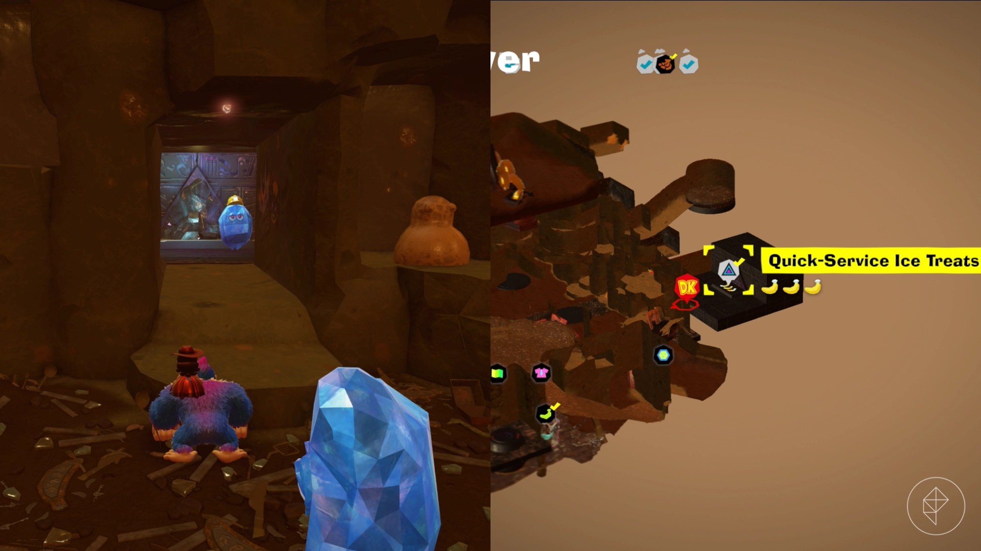 Donkey Kong standing in front of a crystal with a construction hat and the entrance to a challenge course.