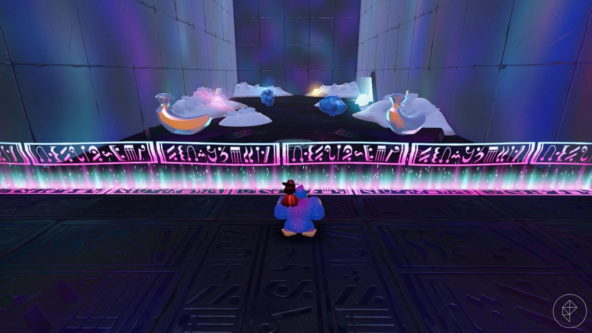 Donkey Kong standing in front of two golden bananas in a metal room with snow.