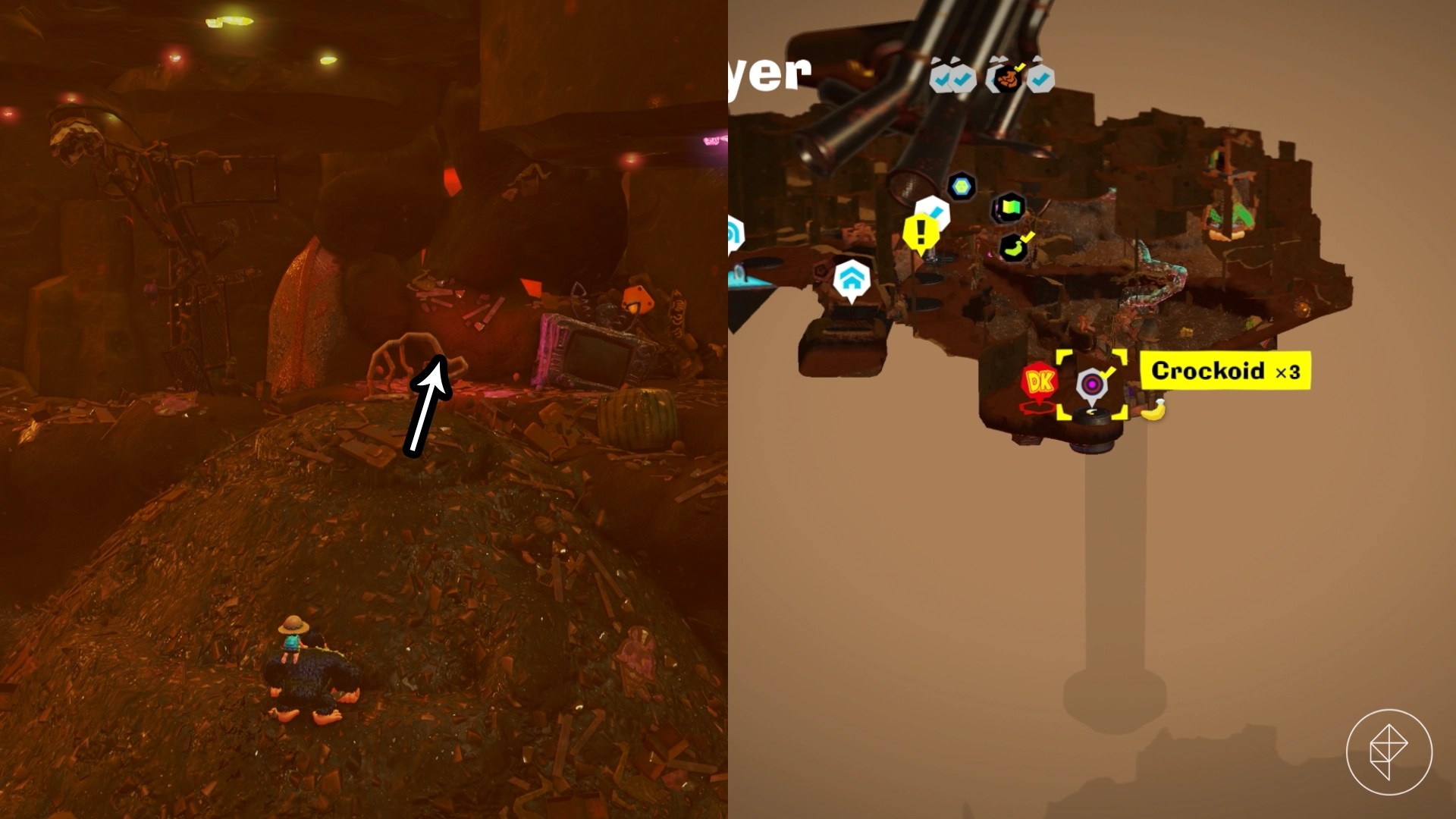 Donkey Kong standing on a pile of dirt looking at a wall of debris in Donkey Kong Bananza.