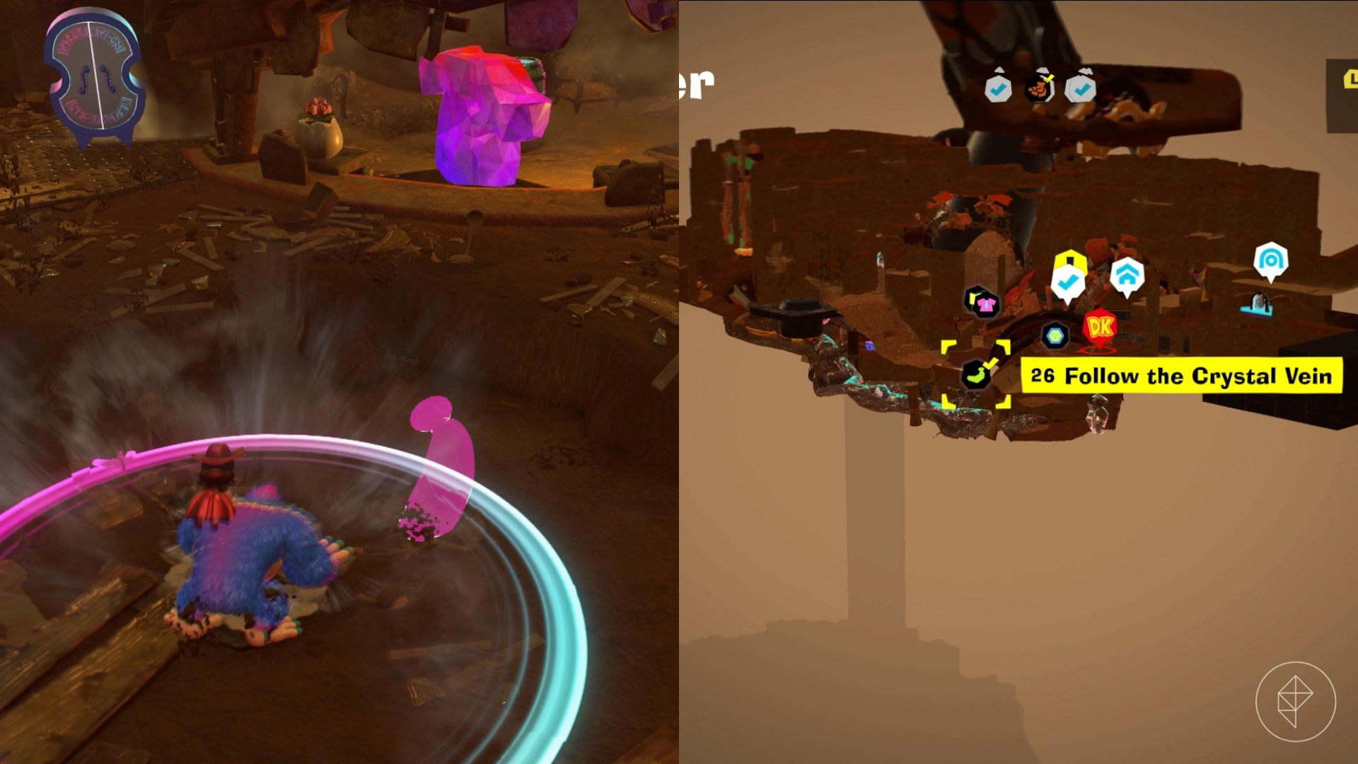 Donkey Kong slamming the ground to spot a banana underneath a crystal shirt in Donkey Kong Bananza.
