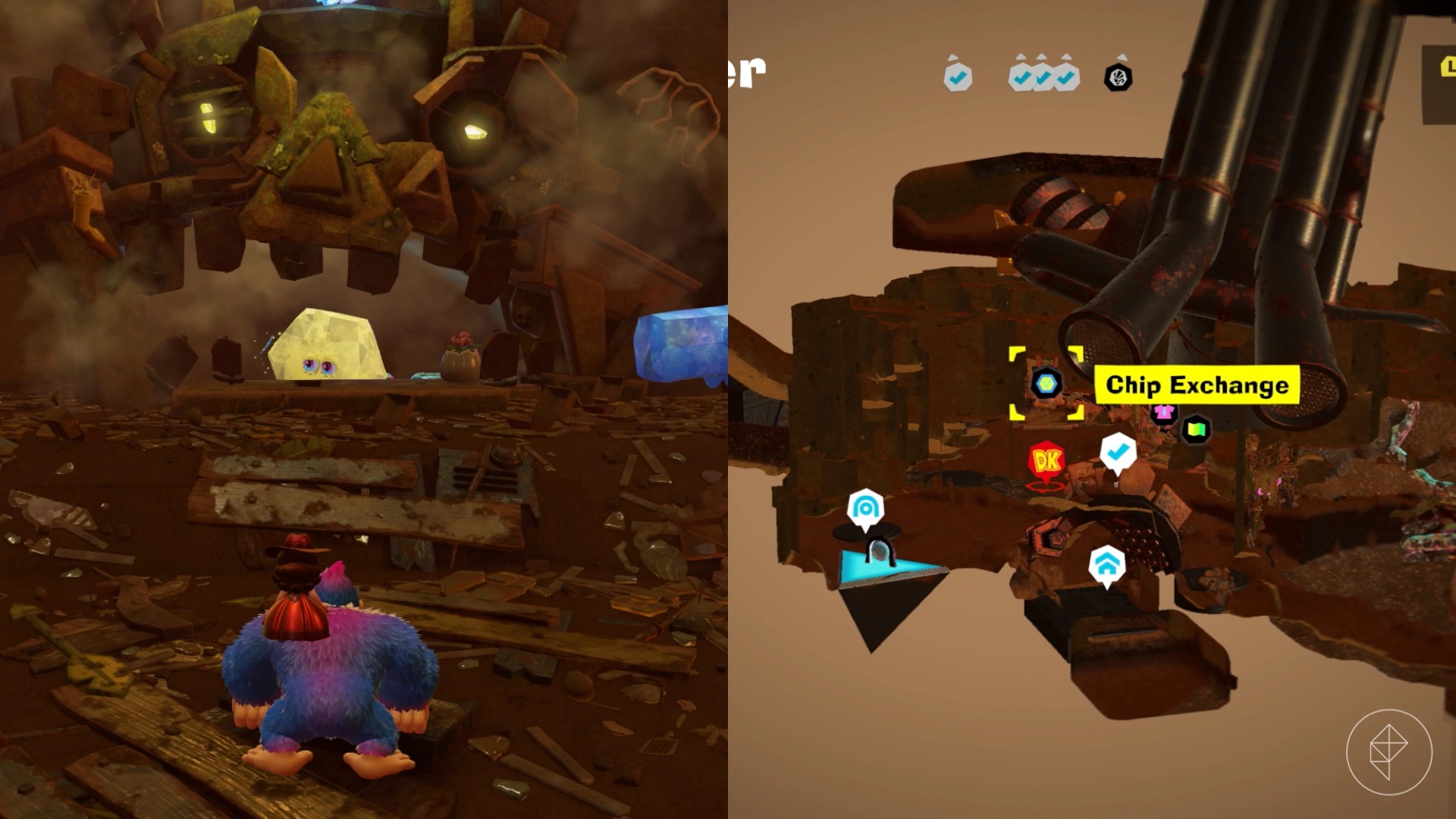 Donkey Kong standing in front of a yellow crystal hexagon with eyes inside the mouth of a metal face in Donkey Kong Bananza.