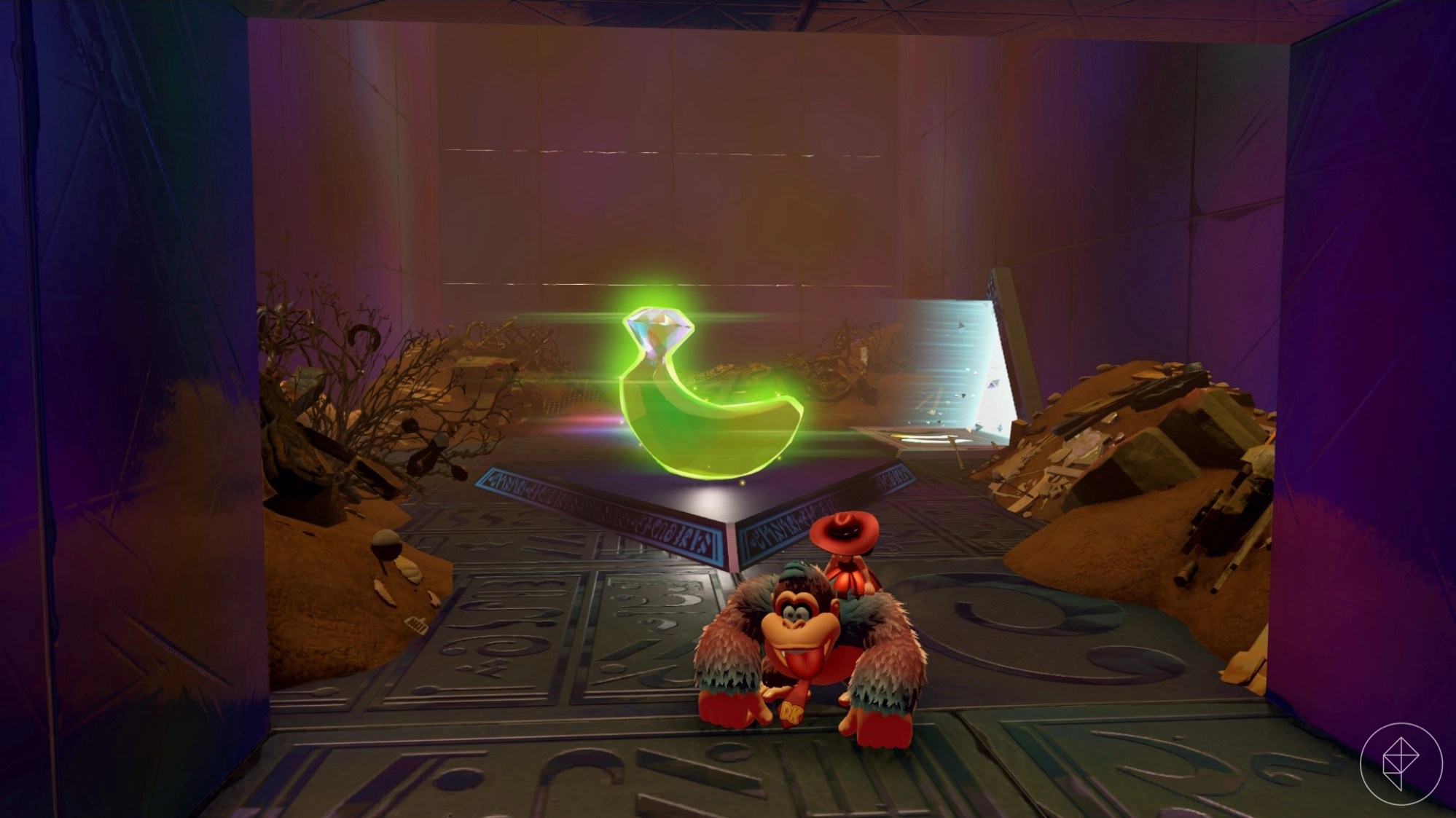 Donkey Kong with his tongue out in front of a golden banana.