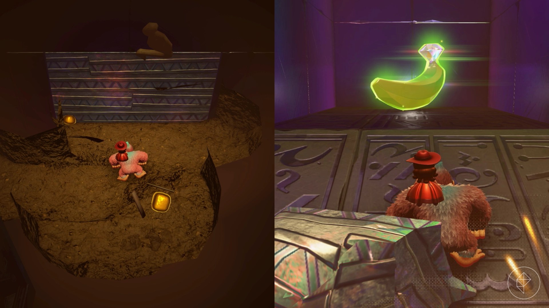 Donkey Kong looking at a concrete wall only to reveal a golden banana behind it.