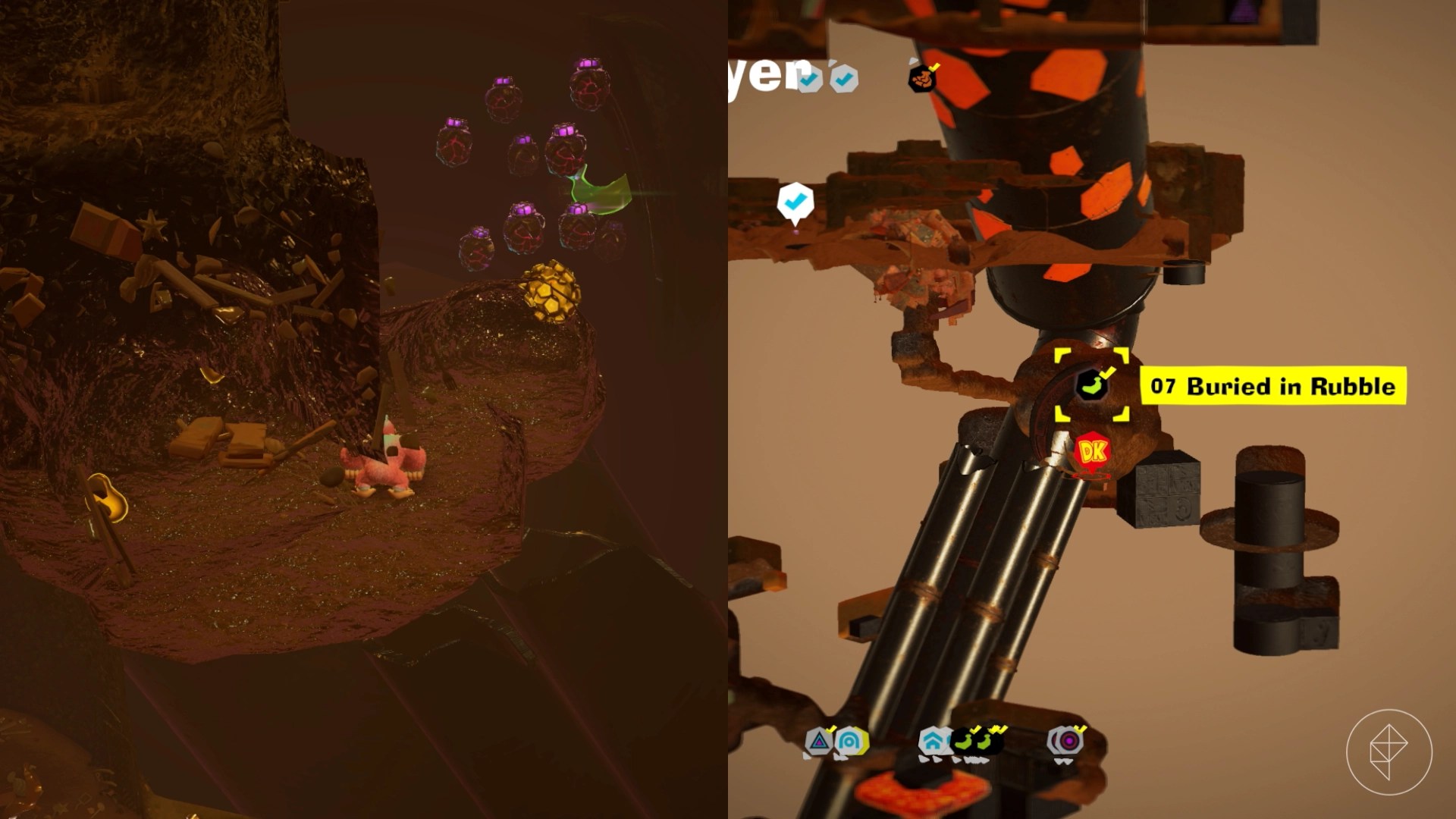 Donkey Kong looking in the distance to spot a golden banana hidden behind molten rock bombs in Donkey Kong Bananza.