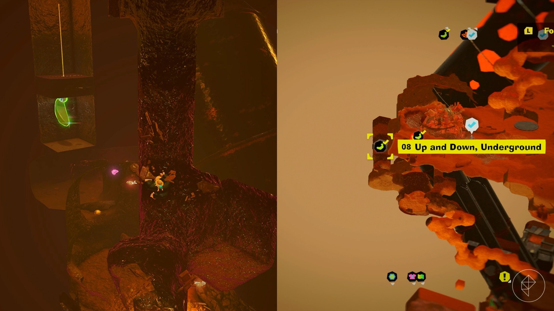Donkey Kong descending a mud hole to spot a golden banana attached to the bottom of a dirt platform in the distance.