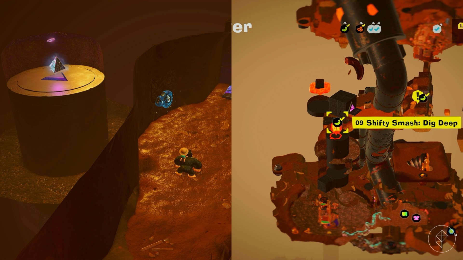 Donkey Kong standing beside a wall that has a glowing triangle hidden behind it.