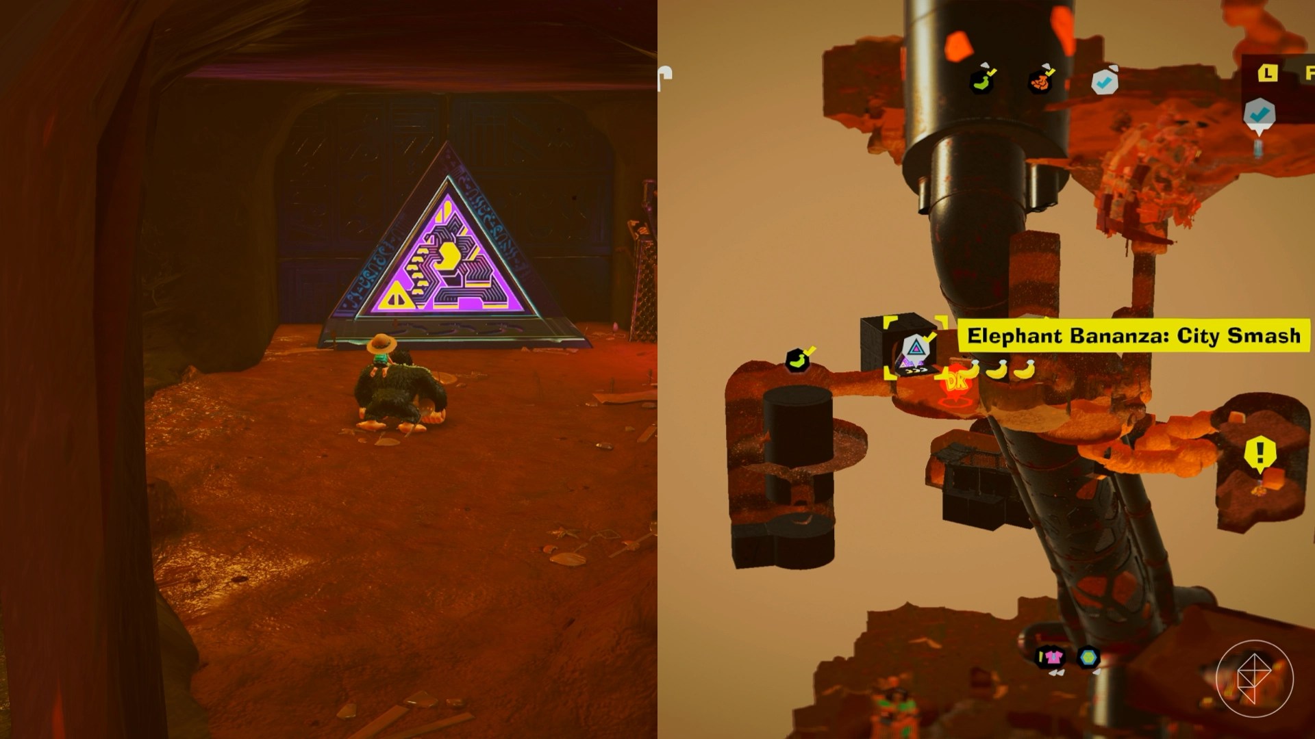 Donkey Kong standing in front of a glowing triangle with an image of an elephant on it in Donkey Kong Bananza.